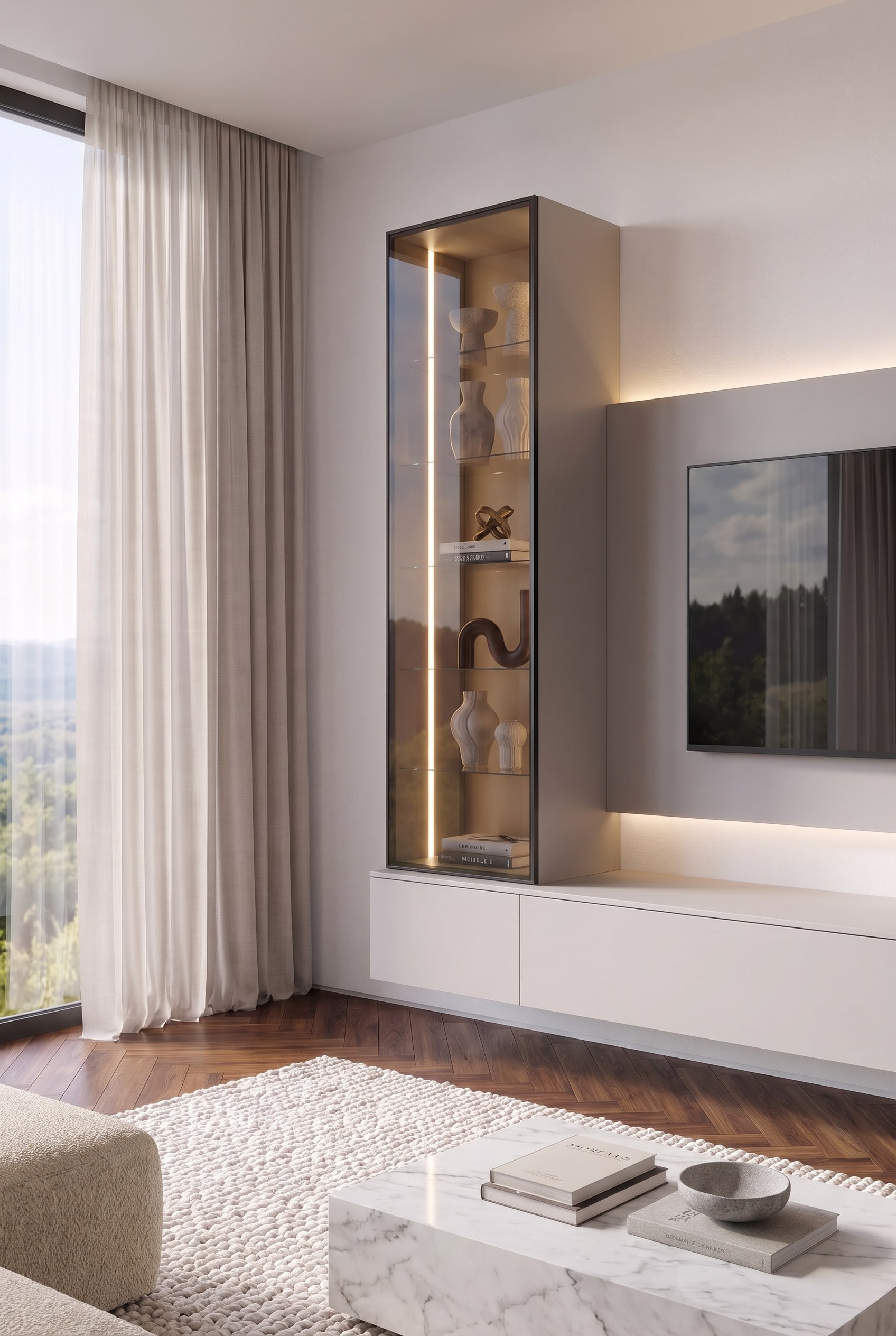 Modernes Wohnzimmer mit schwebendem Lowboard in Hellgrau, Rauchglas-Vitrine und TV-Paneel mit indirekter Beleuchtung