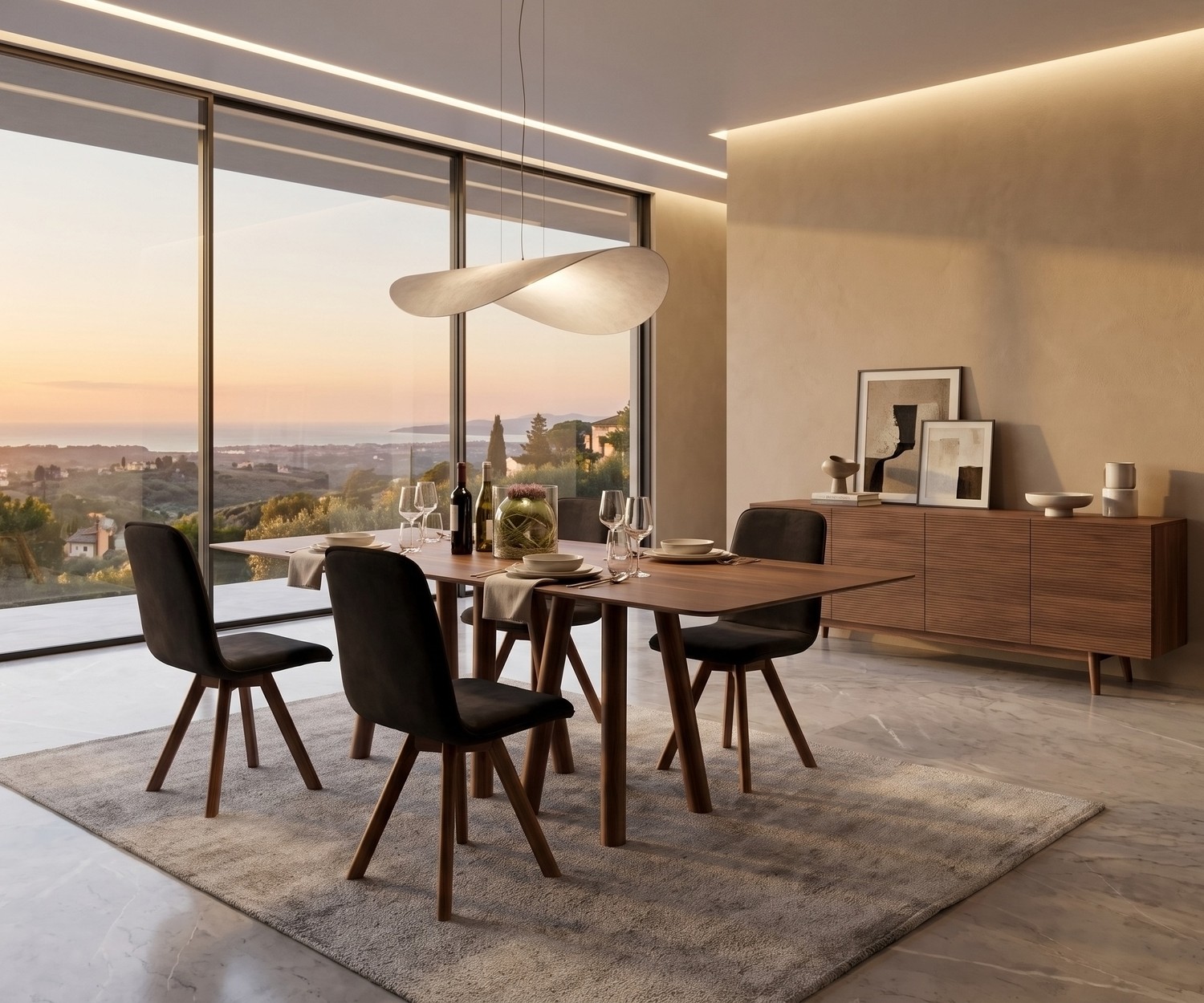 Design Esstisch mos-i-ko 001 a aus Massivholz Design Esstisch al2 mos-i-ko 001 a aus Holz im Esszimmer mit herrlicher Aussicht, modernem Stil und dunklen Stühlen.