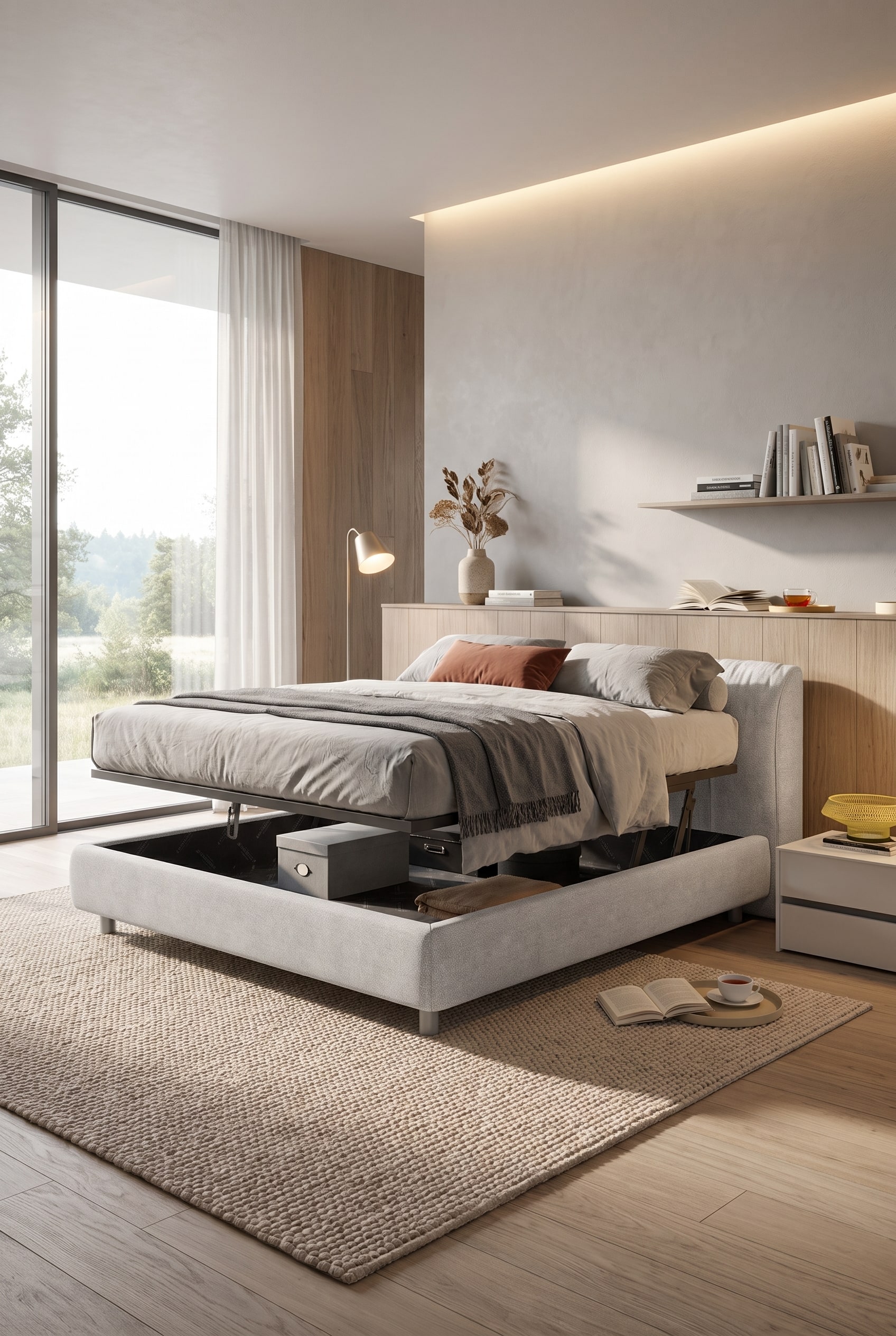 Elegantes Novamobili Polsterbett Belleville mit verdecktem Stauraum in einem hellen, aufger&auml;umten Schlafzimmer