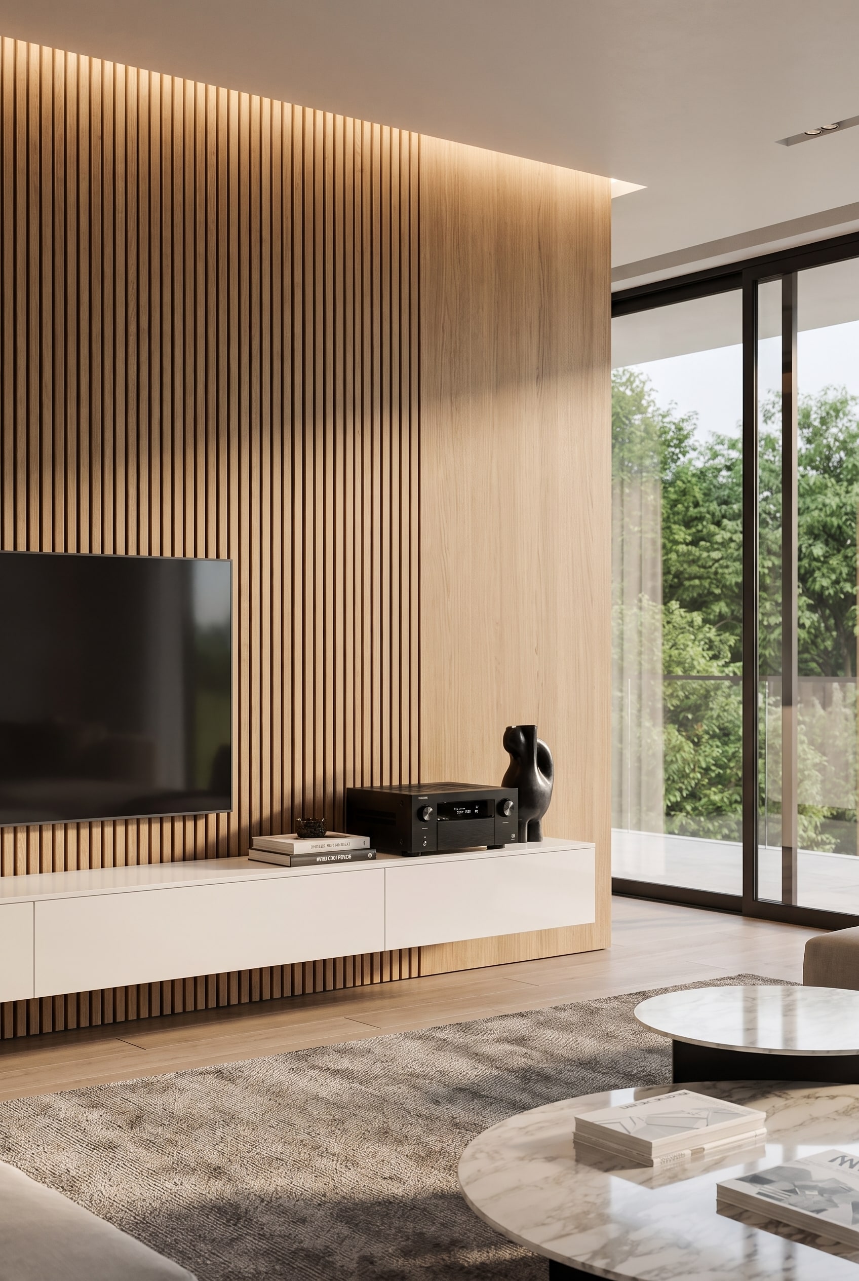 TV-Wand mit Holzlamellen und einem schwarzen, individuell konfigurierten Lowboard als Kontrast im hellen Wohnbereich