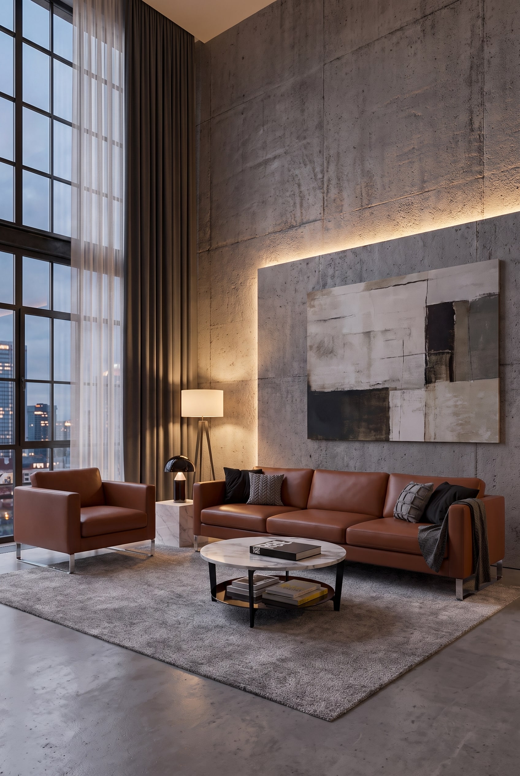 Industrielles Loft mit Sichtbetonwand und einem breiten braunen Ledersofa in der Mitte des Raumes