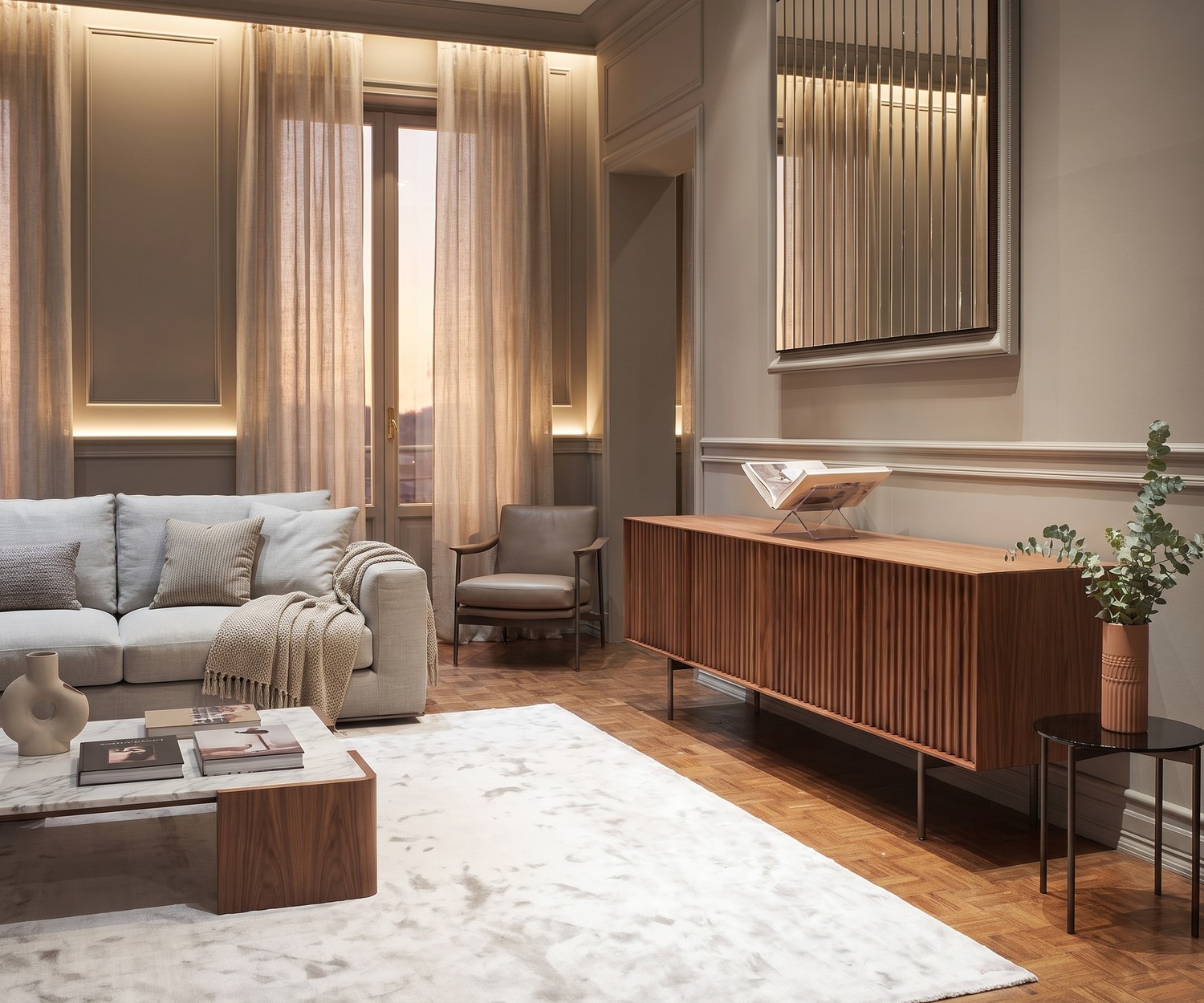 al2 ka-bera 003 A Sideboard aus Walnuss für das Wohnzimmer mit Lamellentüren, im modernen, eleganten italienischen Design