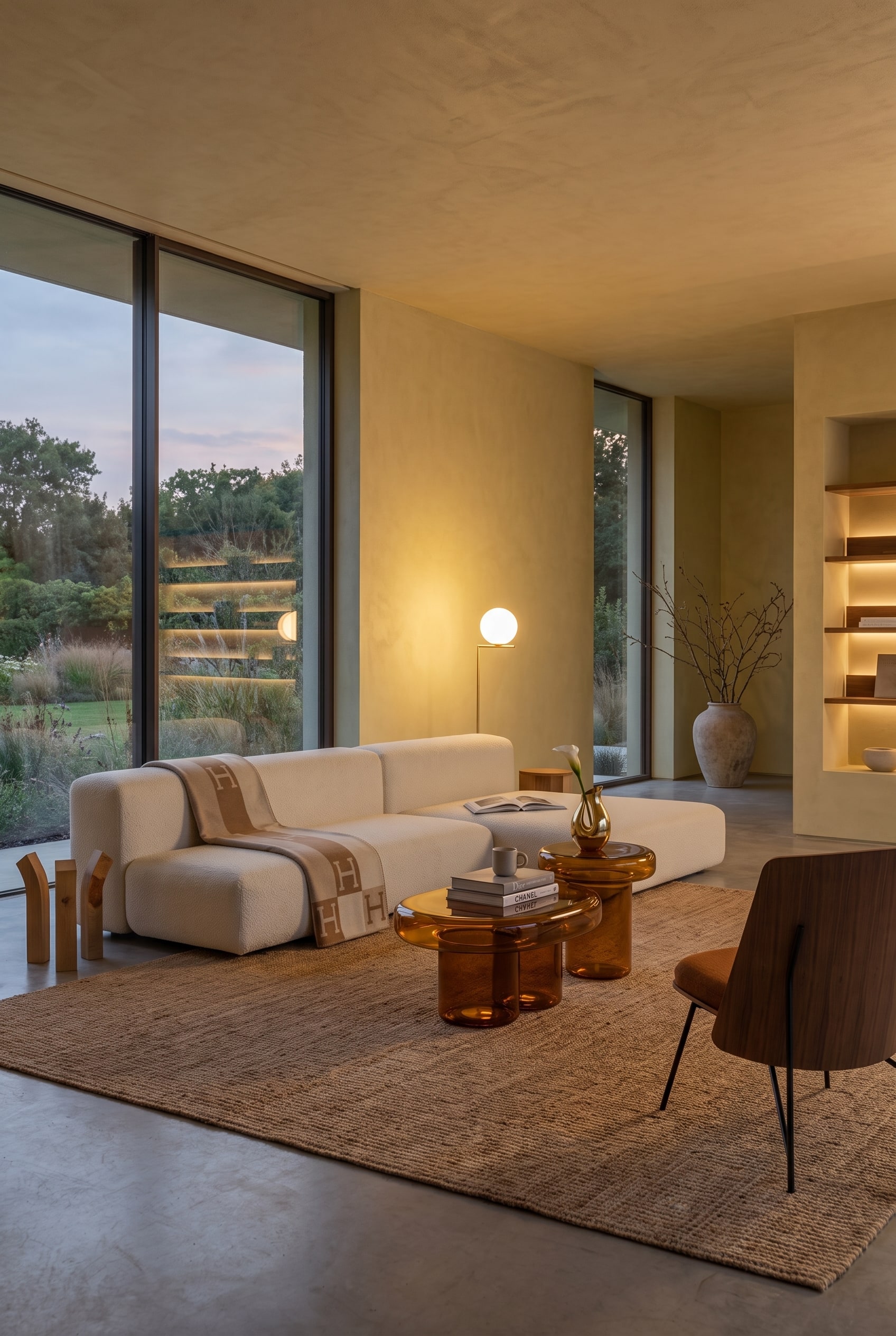 Minimalistisches Wohnzimmer mit einem volumin&ouml;sen, asymmetrischen Stoffsofa in Creme und einem einfachen Beistelltisch aus Eichenholz
