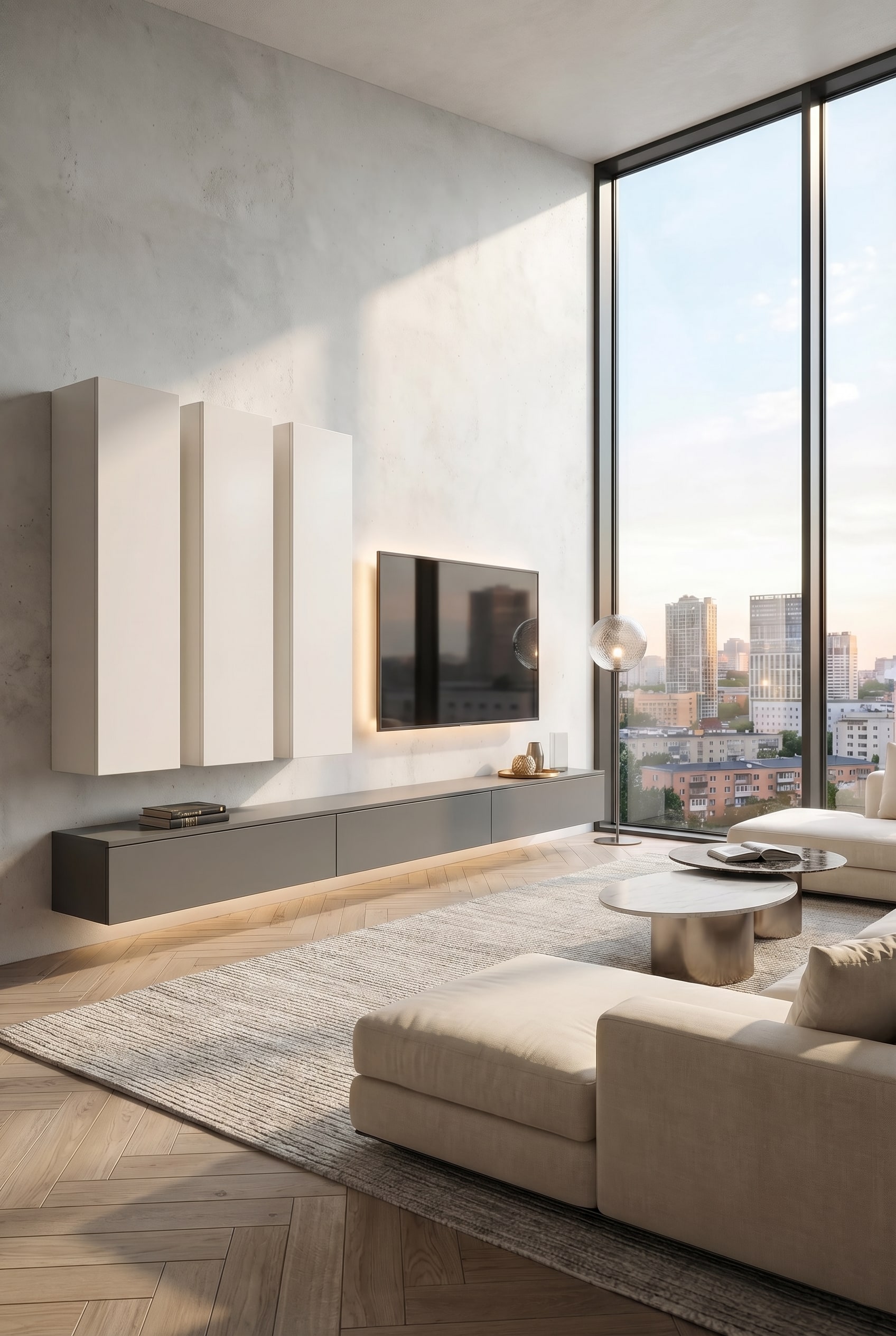 Minimalistische weiße Wohnwand C105 im modernen Wohnzimmer mit großen Fenstern und sanftem Tageslicht Minimalistische weiße Wohnwand C105 im modernen Wohnzimmer mit großen Fenstern und sanftem Tageslicht