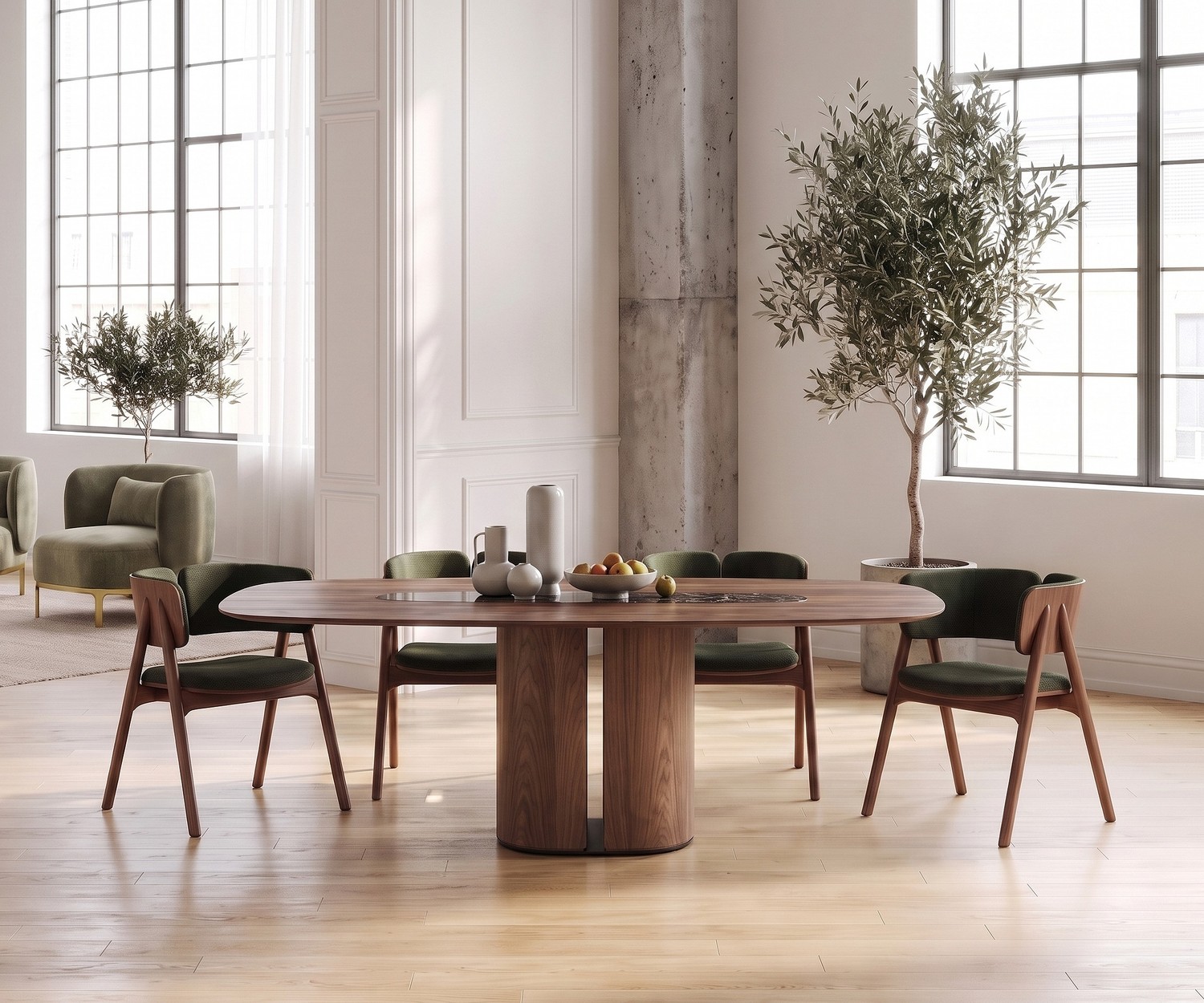 al2 el-it c 001 Design Esstisch oval aus Holz al2 el-it c 001 Esstisch für das Esszimmer, aus edlem Holzfurnier, in modernem, hellen Loft mit grünen Designerstühlen.