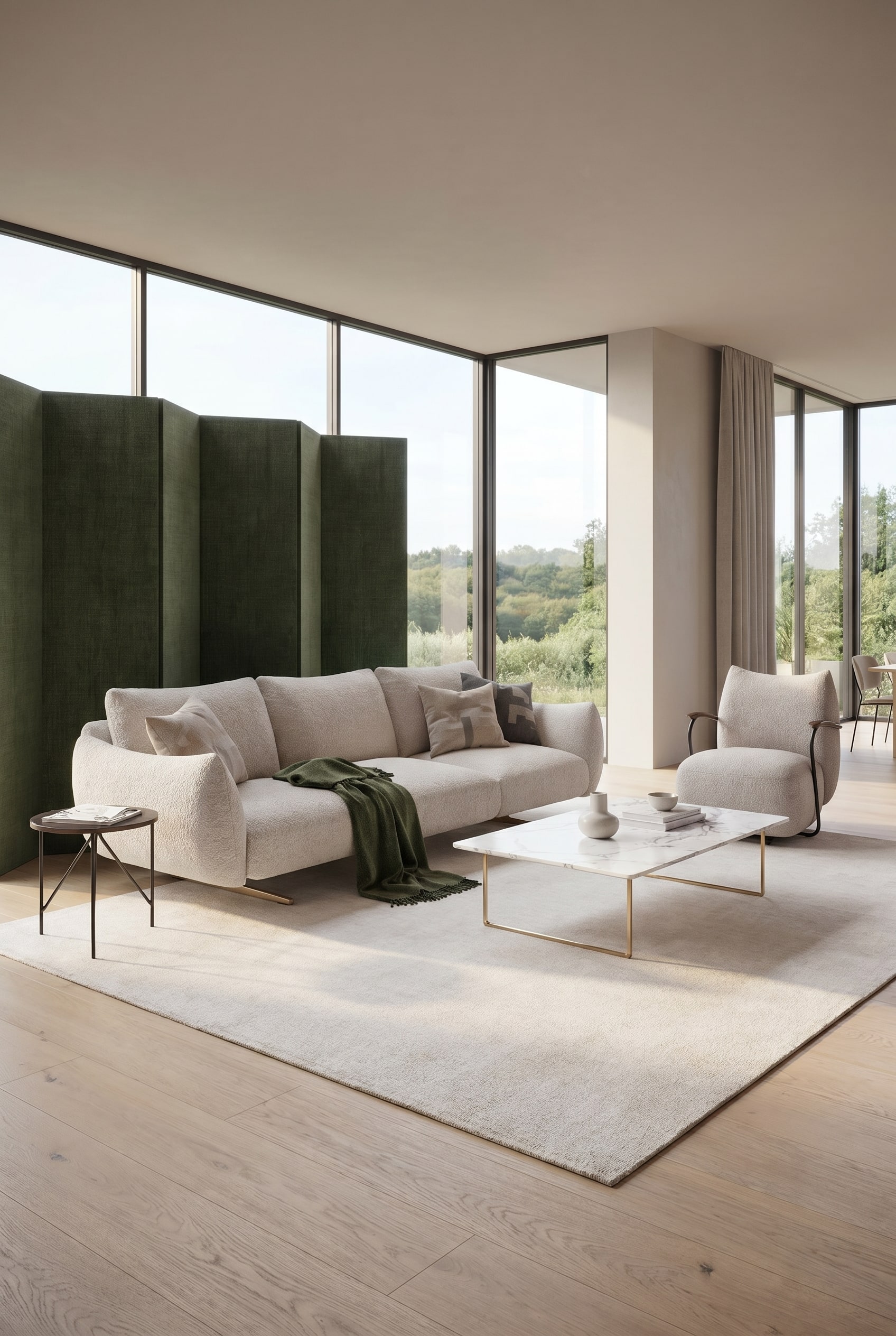 Helles, voluminöses Bouclé-Sofa in einem Wohnzimmer mit dunkelgrünen Woll-Plaids, weichem Licht und einem dunkelgrünen textilen Paravent im Hintergrund