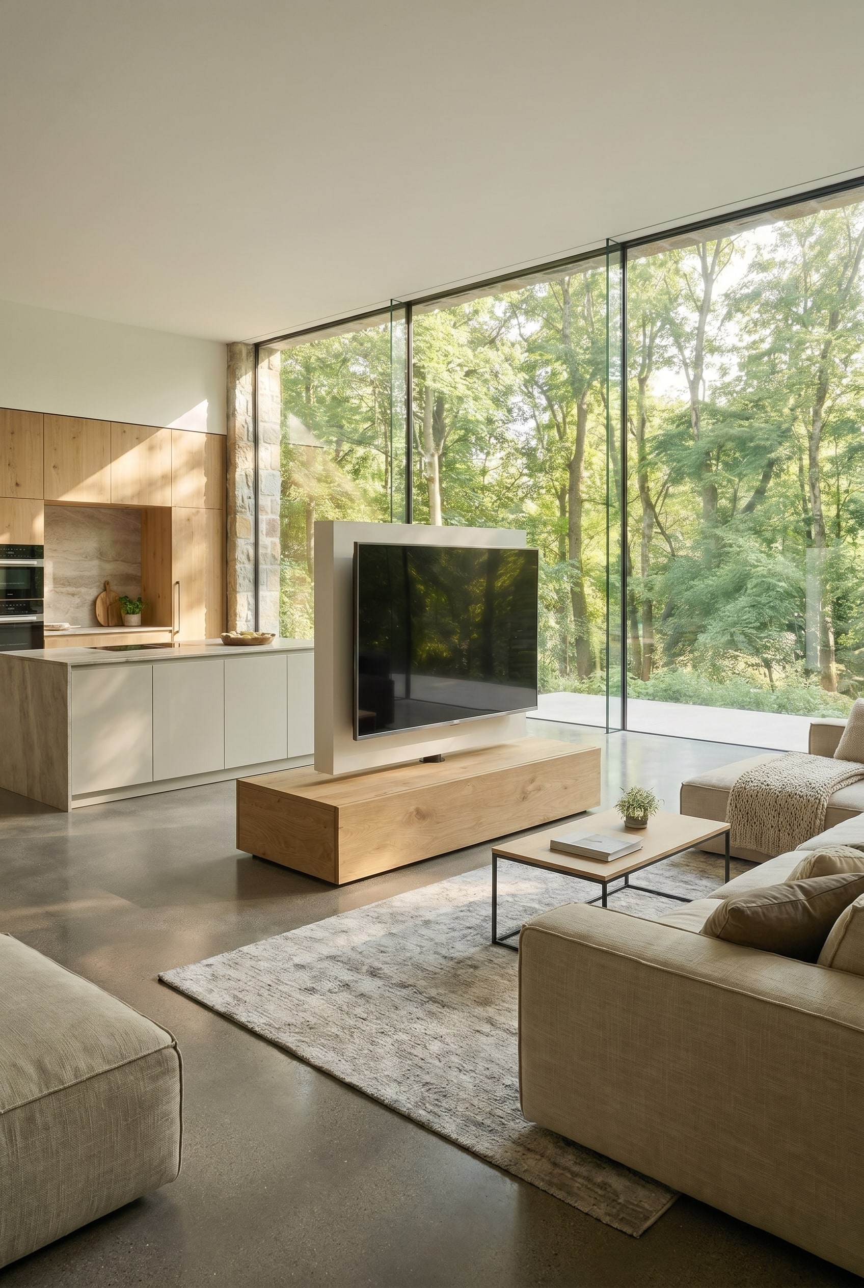 Raumteiler mit schwenkbarem Paneel zwischen Sofa und K&uuml;cheninsel in einem Luxus-Loft