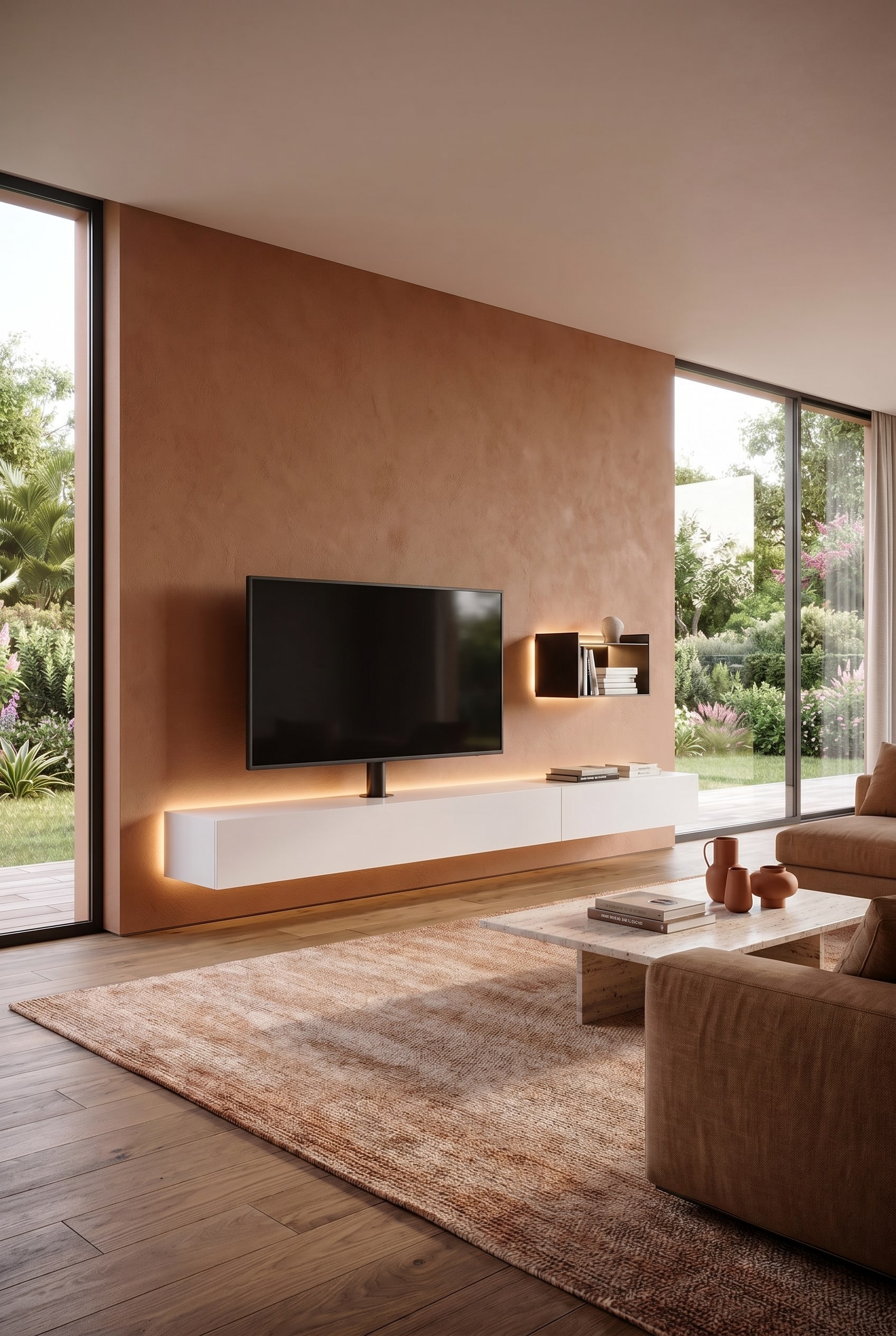 Minimalistisches wei&szlig;es Lowboard mit integrierter TV-Halterung und flachem Bildschirm an einer Erdt&ouml;ne-Wand