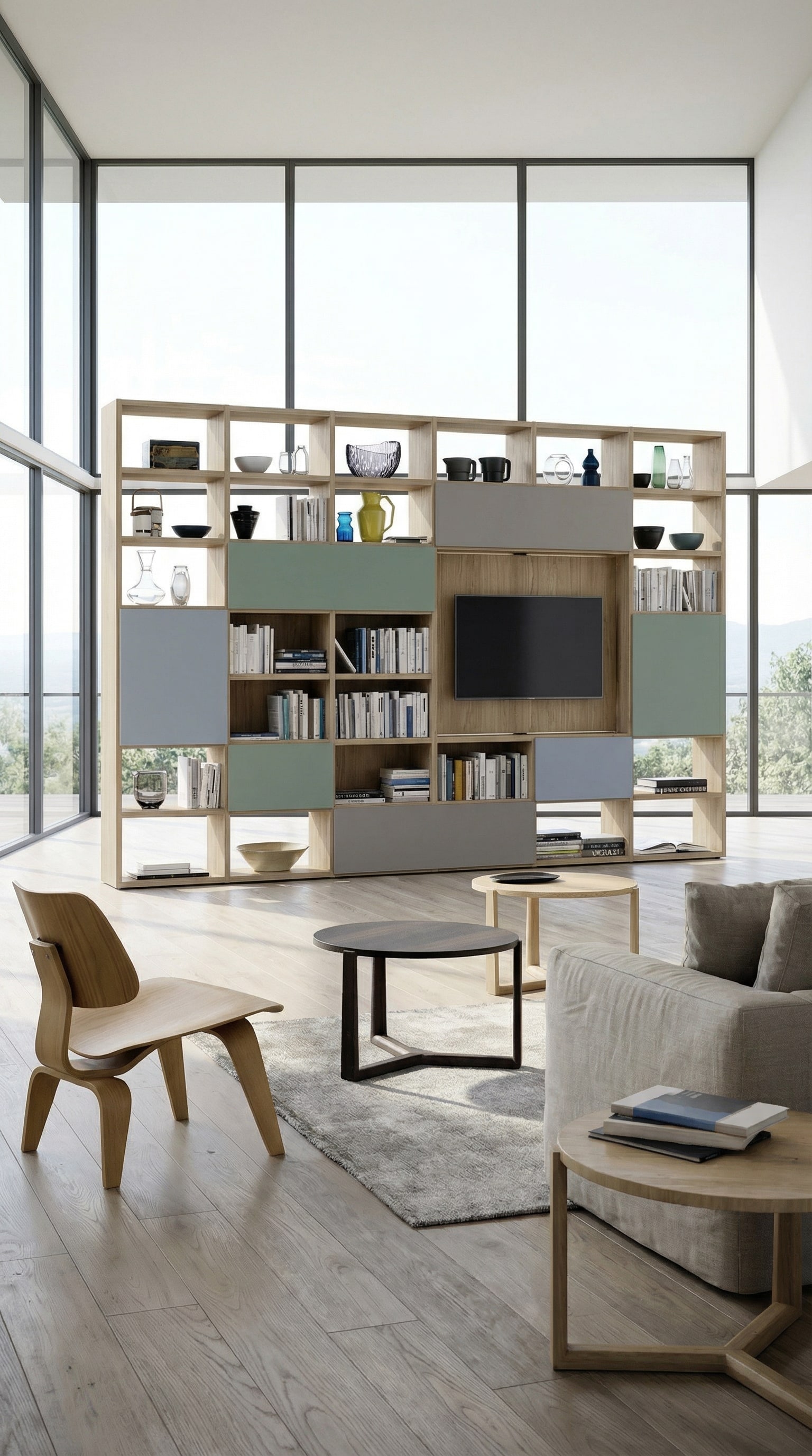 Modulares B&uuml;cherregal mit integriertem TV und versteckter Technik