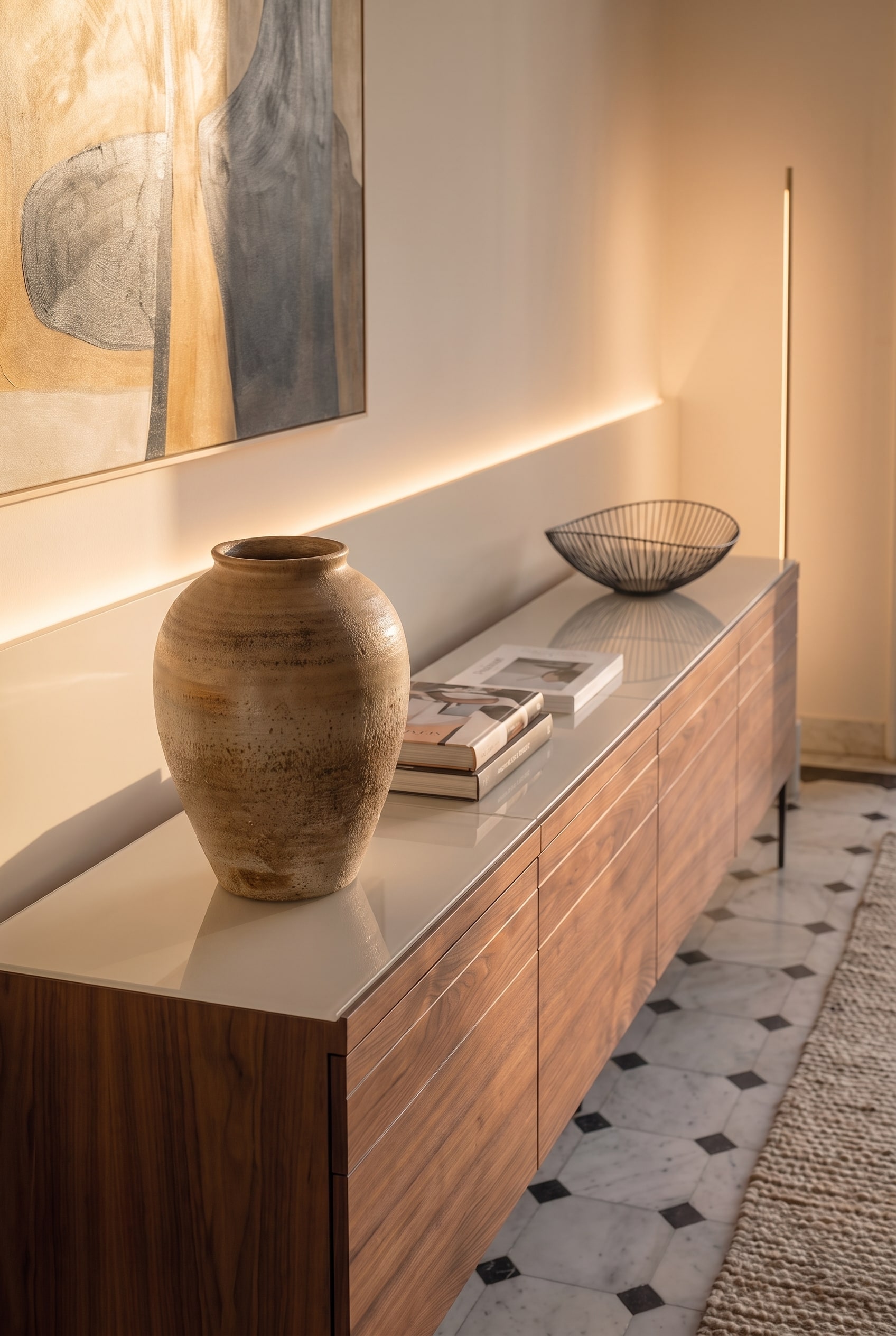 Nahaufnahme eines Holz-Sideboards mit gl&auml;nzender Deckplatte, dekoriert mit einer rustikalen Vase und B&uuml;chern.