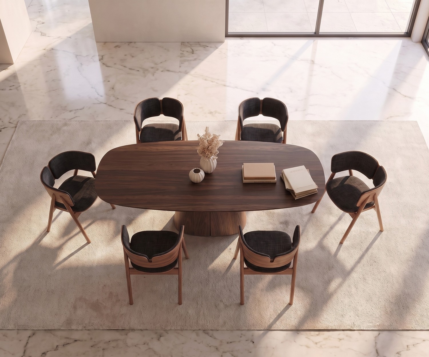 al2 tessera 001 ovaler Design-Esstisch aus Holz für das Esszimmer mit eleganten Holzstühlen auf Teppich.