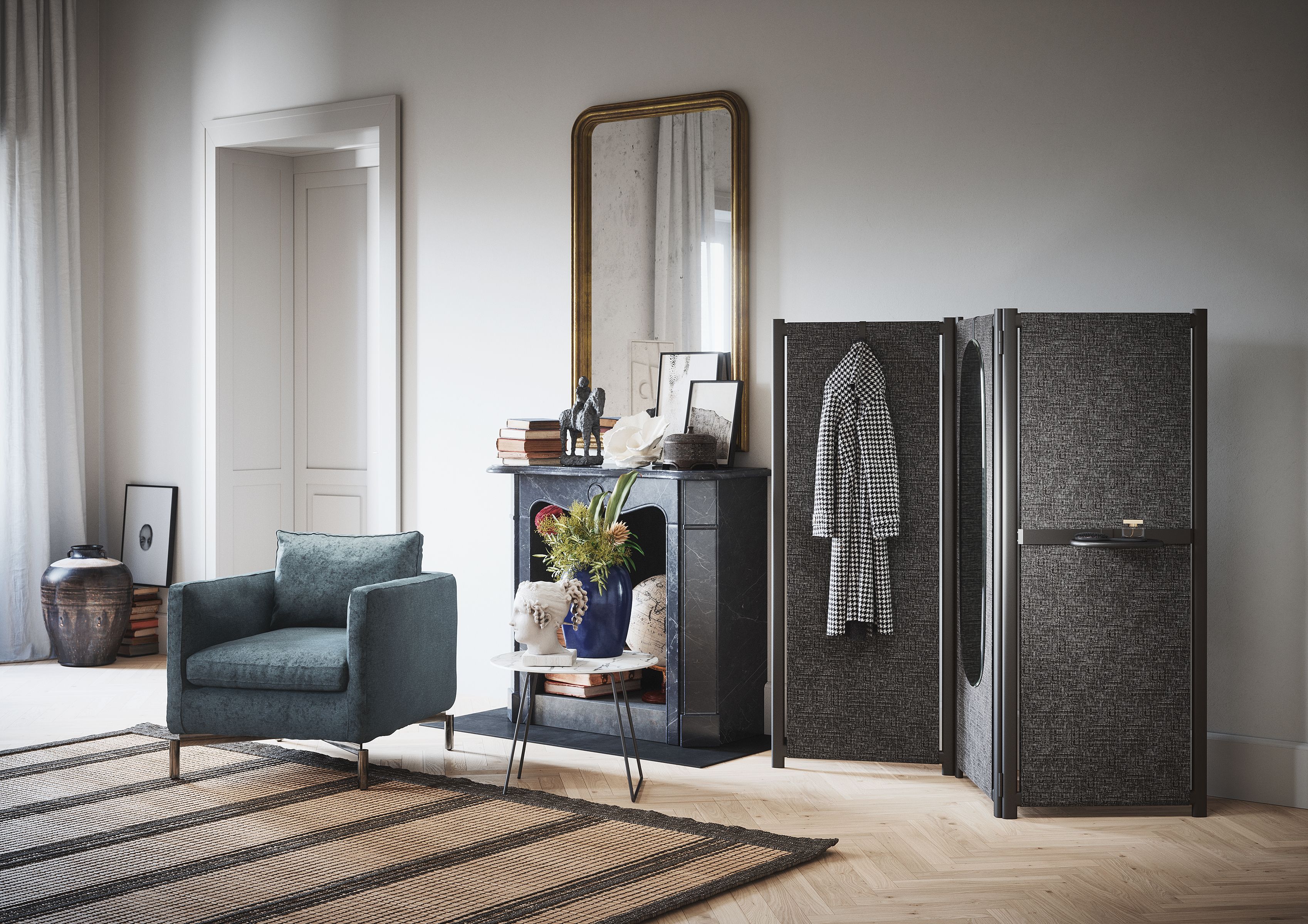 Moderner Ankleideraum mit exklusiver Garderobe und Sichtschutzwand Moderner Ankleideraum mit exklusiver Garderobe und Sichtschutzwand