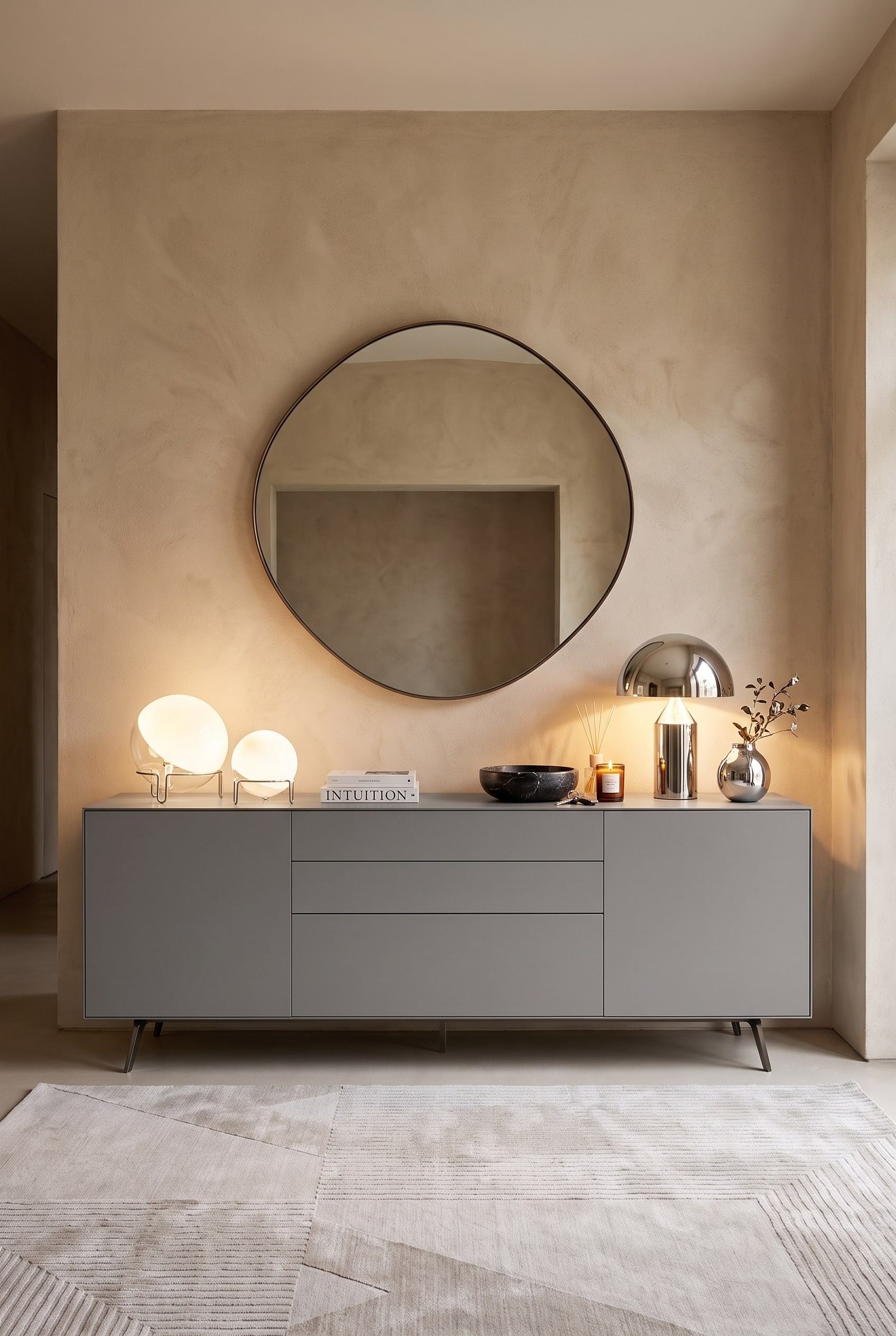 Frontalansicht eines matten grauen Sideboards auf Metallf&uuml;&szlig;en, dar&uuml;ber ein gro&szlig;er runder Spiegel und sanfte Tischleuchten in einem modernen Flur.