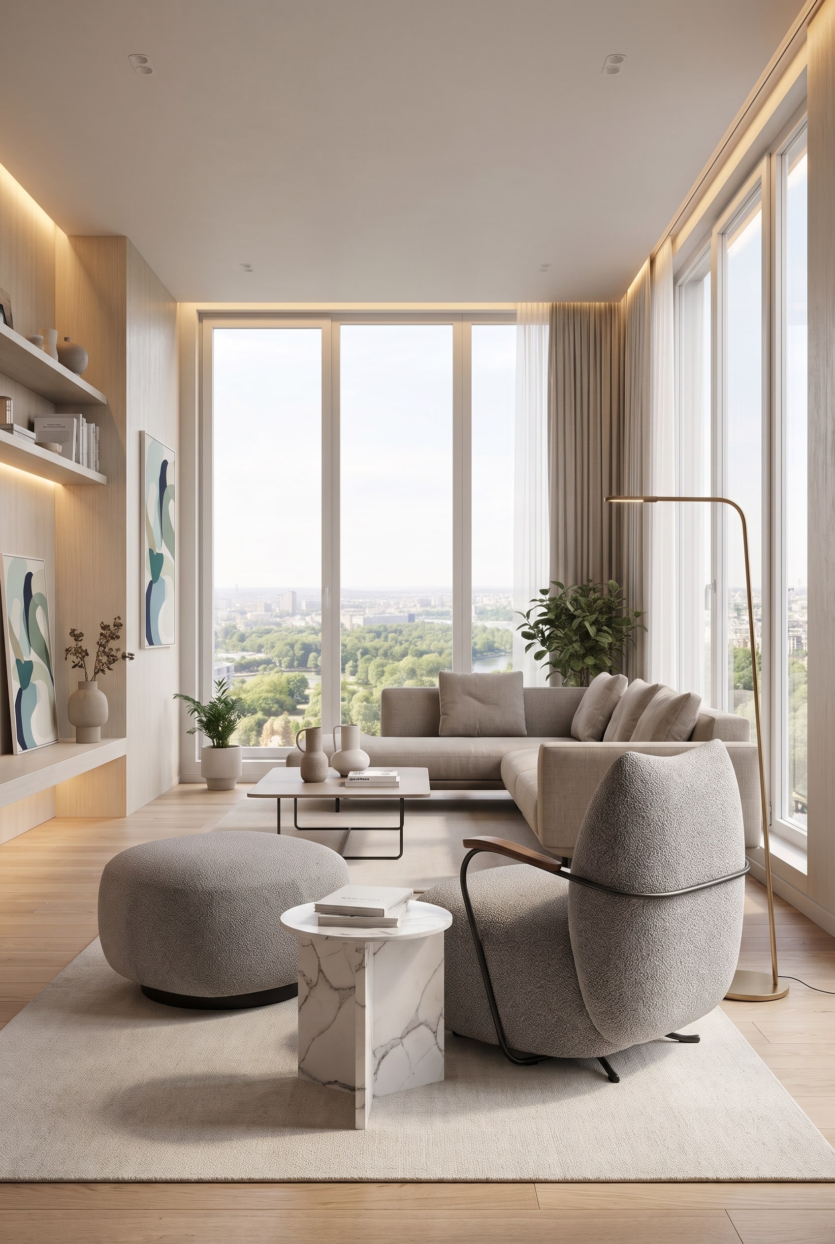 Blick in ein kleines, modern eingerichtetes Wohnzimmer, in dem der kompakte Prostoria Sessel Buffa frei im Raum steht.
