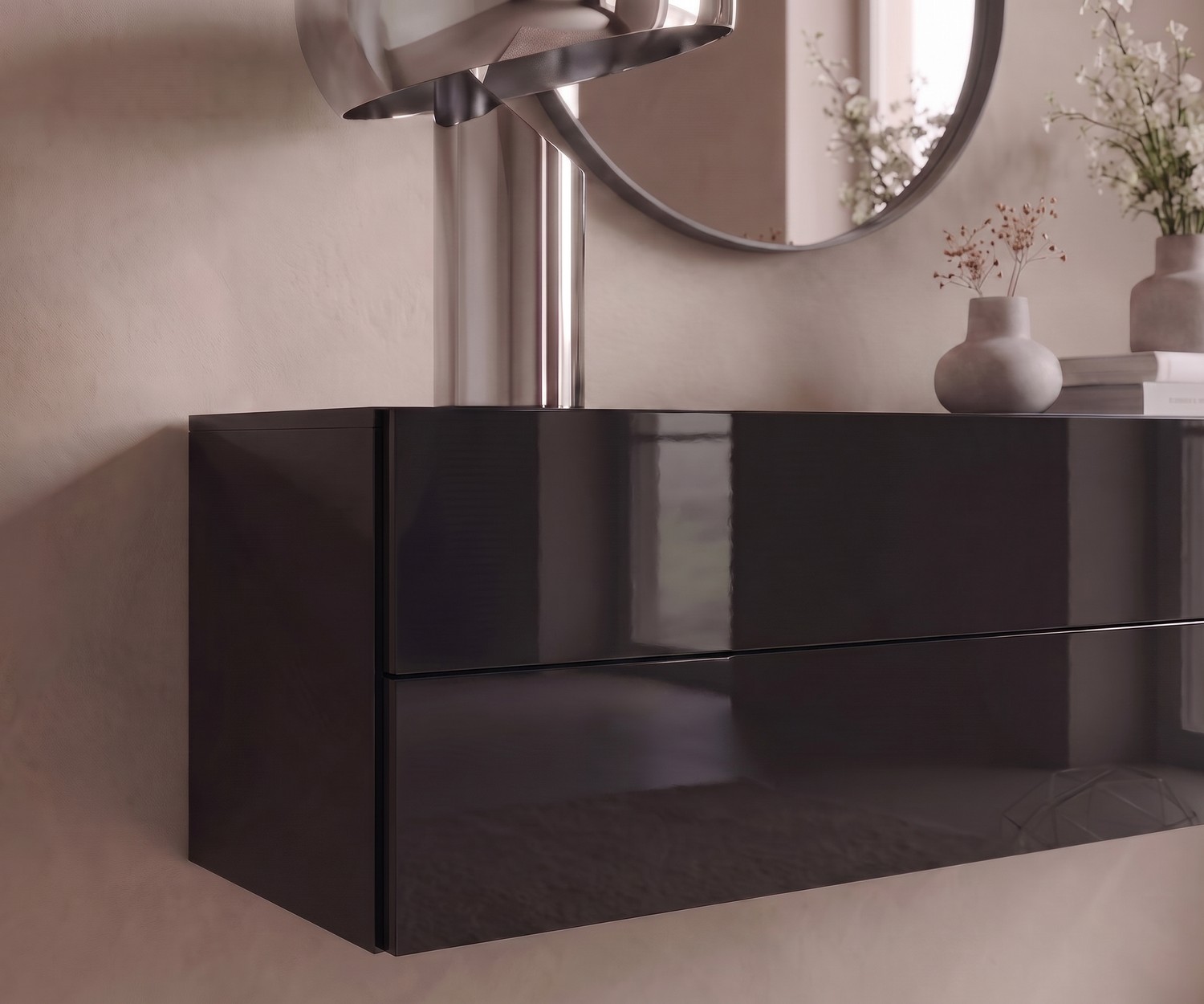 Novamobili Hängekommode Easy in Schwarz Hochglanz Hängekommode Easy für Flur & Schlafzimmer: Schwebendes Sideboard in Schwarz Hochglanz von Novamobili mit Deko.
