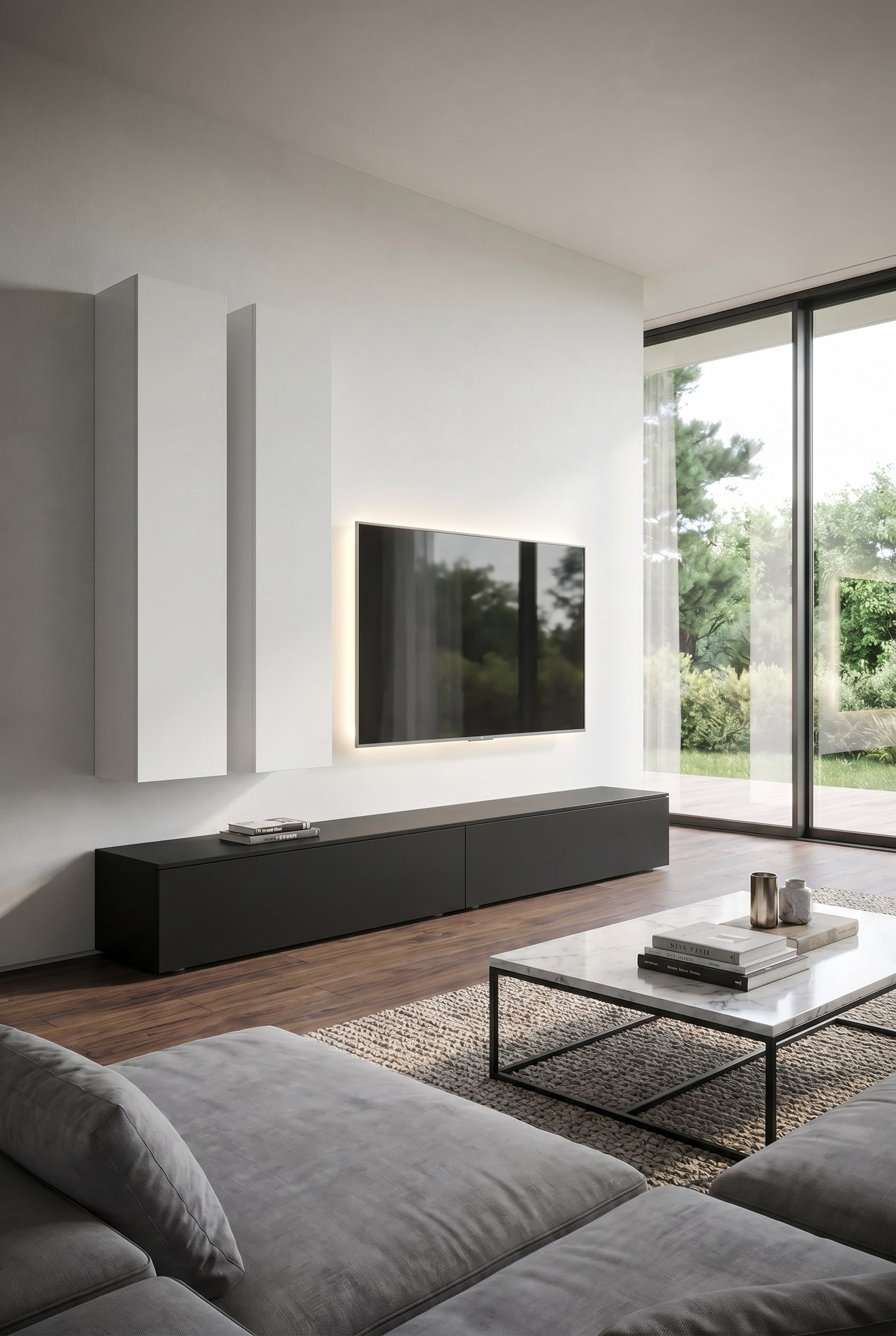 Minimalistische Wohnwand, flächenbündig integriert, mit unsichtbarem Kabelmanagement Minimalistische Wohnwand, flächenbündig integriert, mit unsichtbarem Kabelmanagement