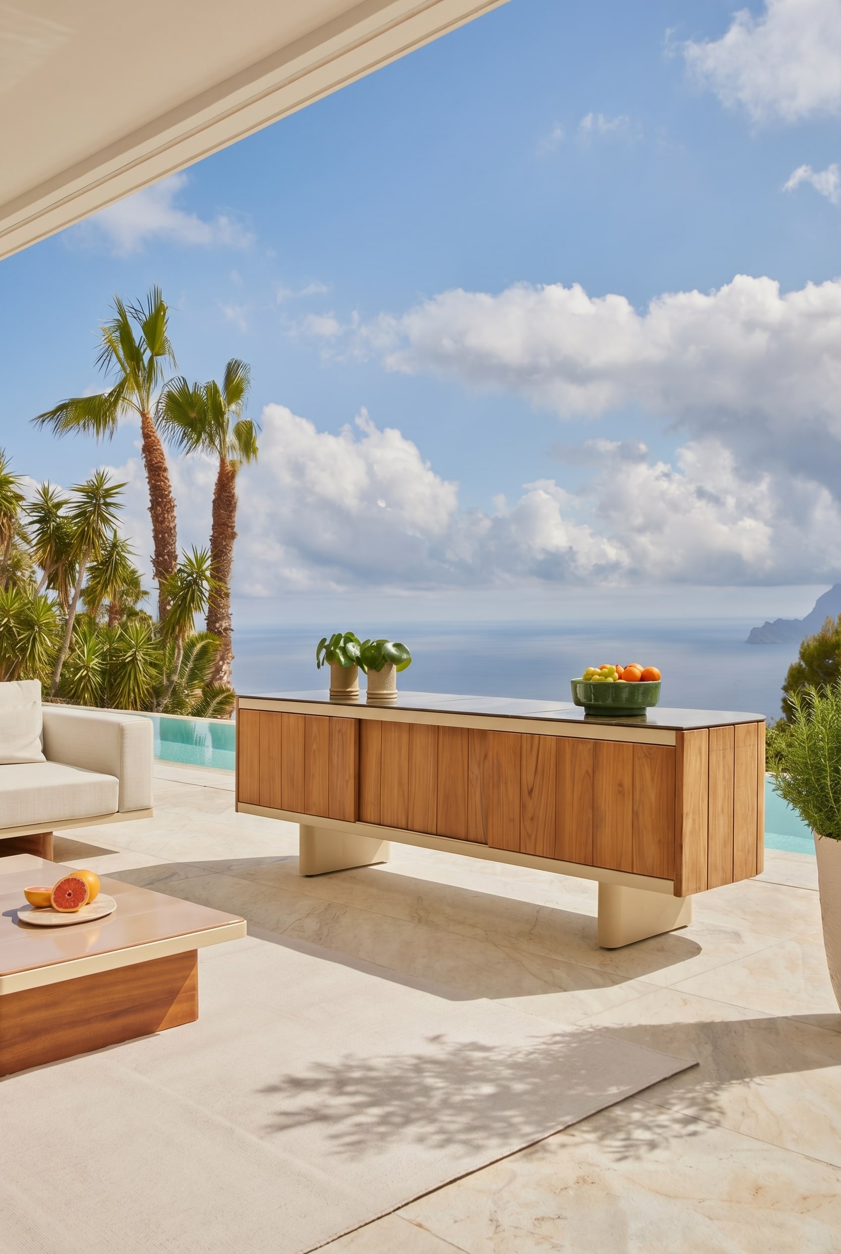 Wetterfestes Sideboard für den Außenbereich aus edlem Holz Wetterfestes Sideboard für den Außenbereich aus edlem Holz