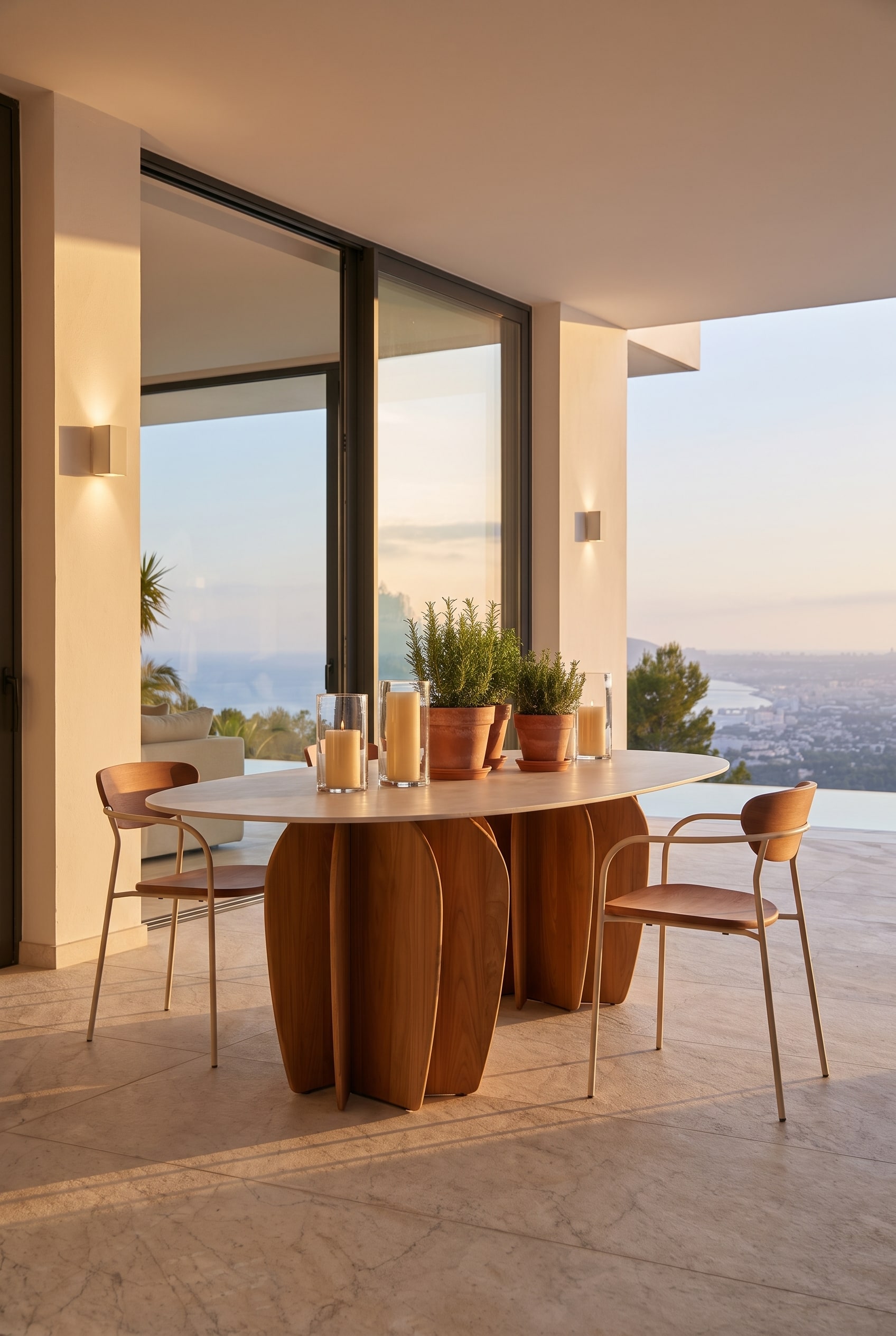 Sonnige Terrasse mit ovalem Holz-Outdoortisch, schweren Terrakotta-T&ouml;pfen und passenden Holzst&uuml;hlen