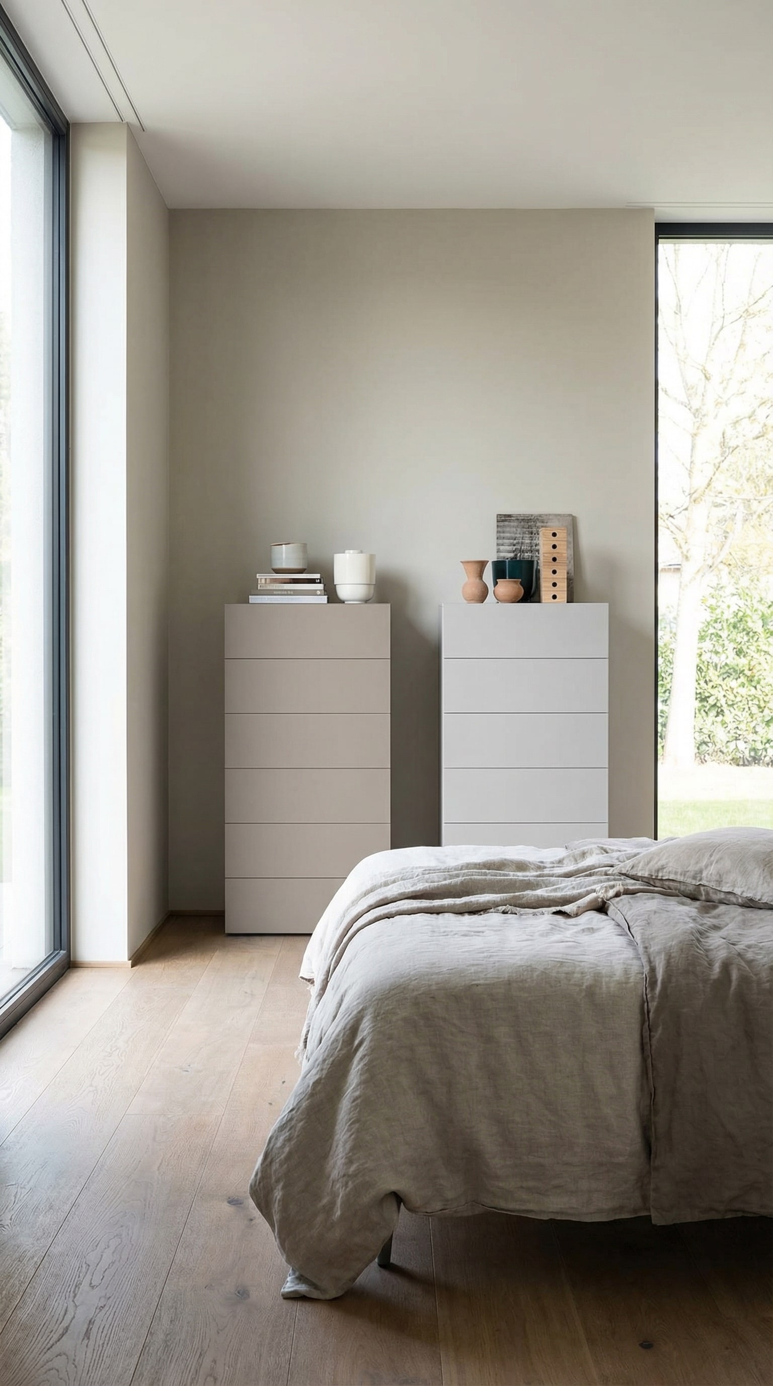 Zwei elegante, schmale Hochkommoden in einem modernen Schlafzimmer, die optisch an eine grazile Skyline erinnern und den Raum luftig wirken lassen.