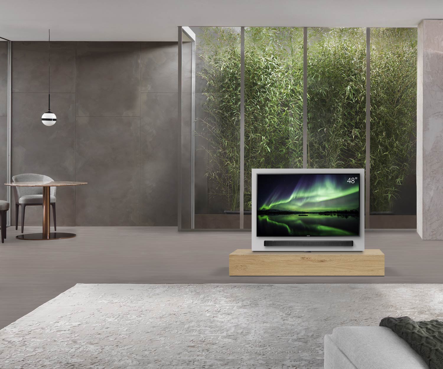 Livitalia Roto Design Lowboard Raumteiler mit drehbarem TV Paneel B150 50 H25 T56 EiHe ohne oBox