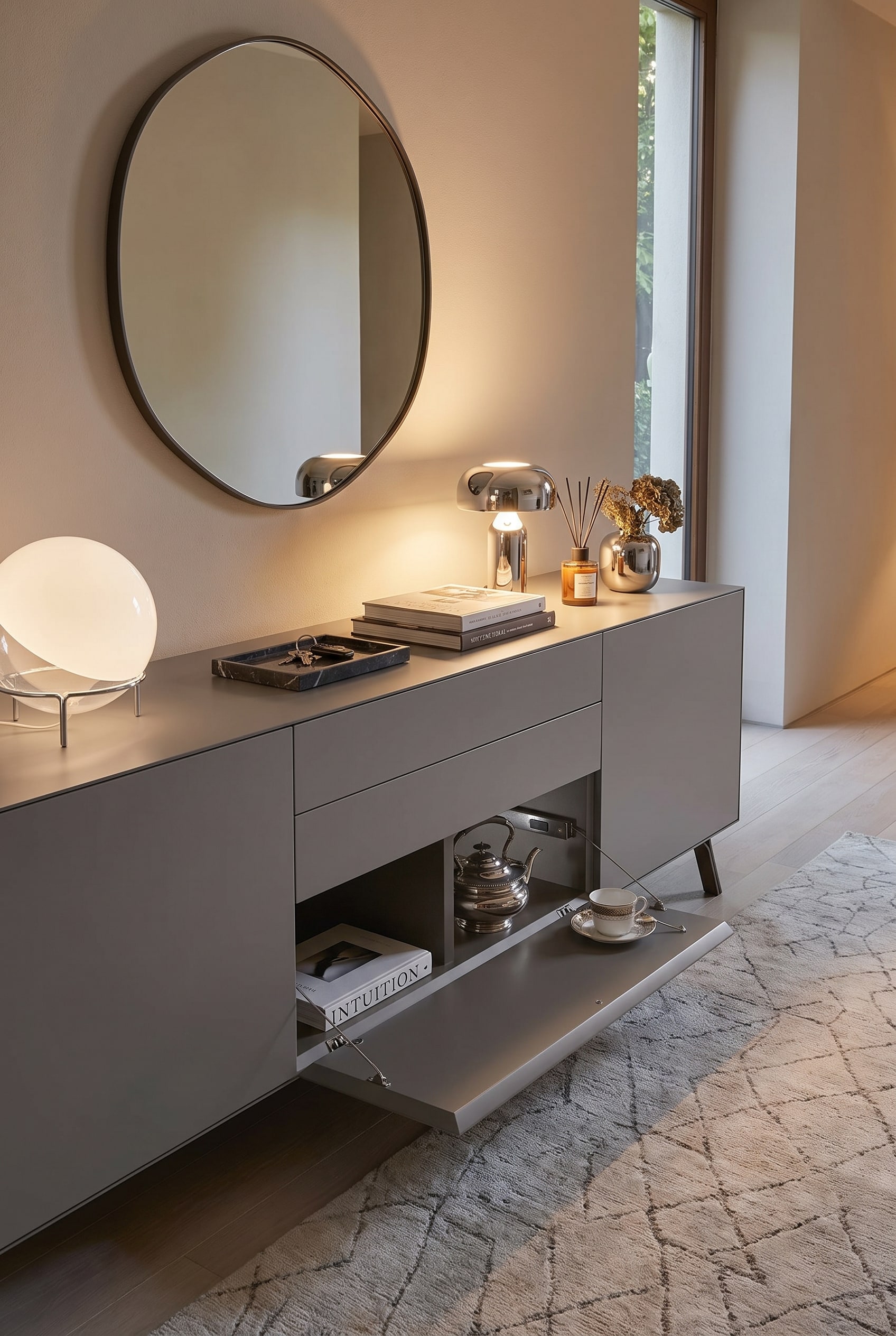 Geöffnete Klappe eines grauen Design-Sideboards, im Inneren ist ein silbernes Teeset mit Tasse auf einem Fachboden platziert.