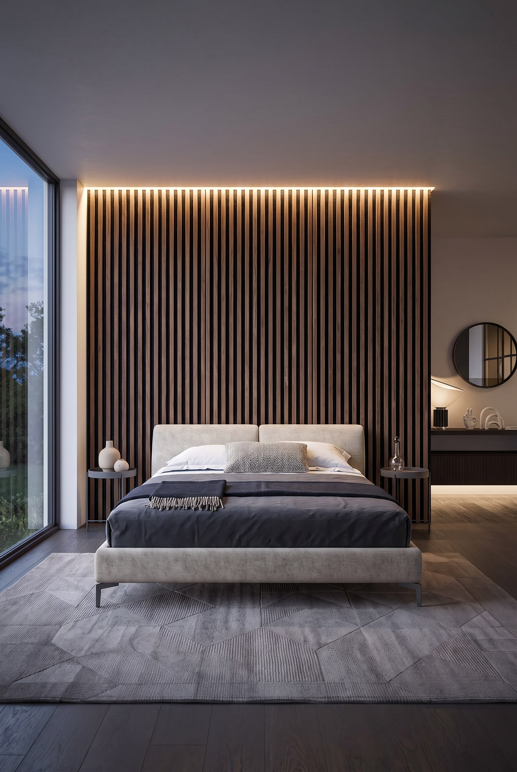 Ein elegantes, weich gepolstertes Doppelbett steht vor einer vollfl&auml;chigen, raumbreiten Akustikpaneel-Wand mit Holzlamellen.
