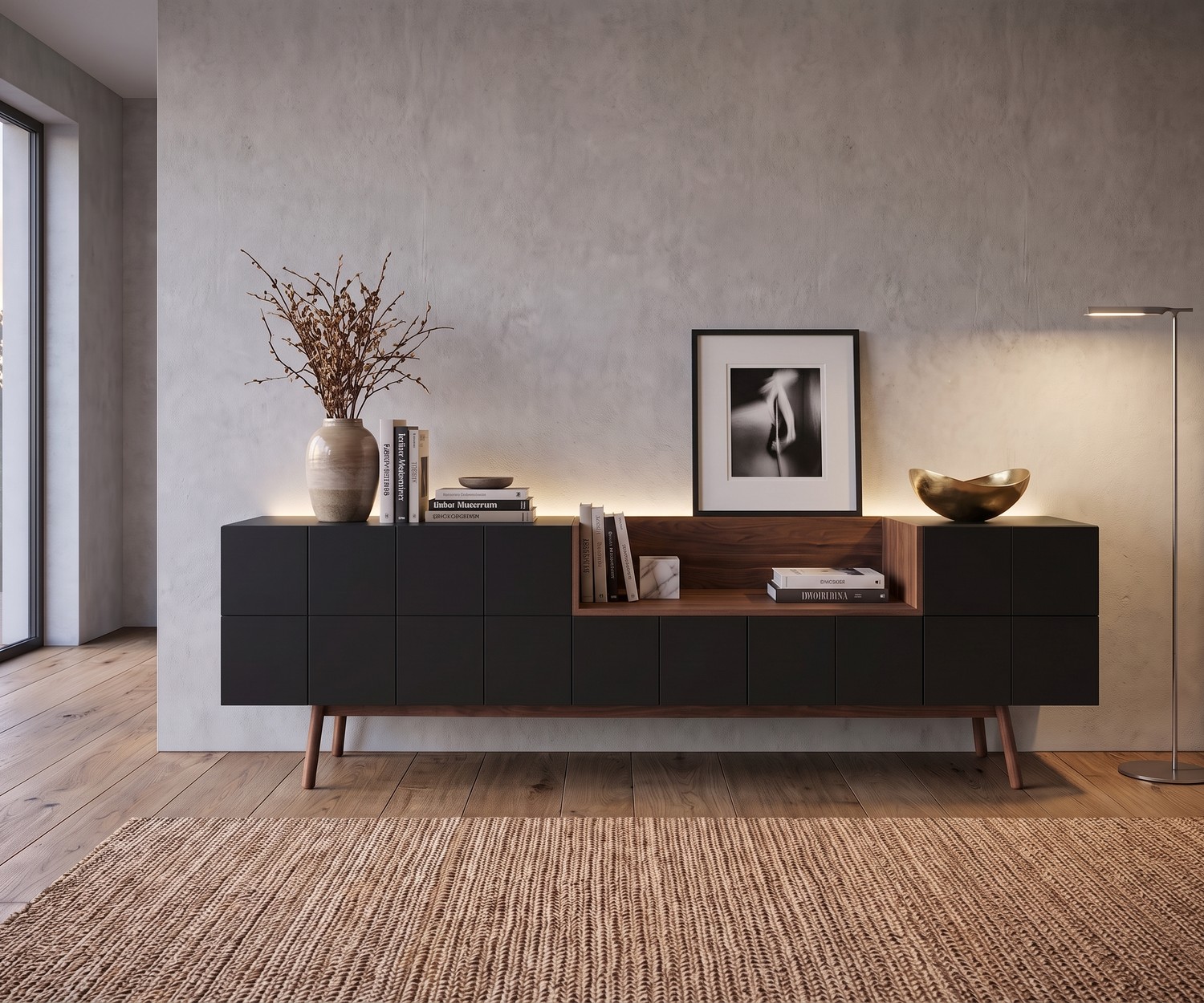 al2 Design Sideboard MOS-I-KO 003 A mit Holz-Nische al2 Sideboard MOS-I-KO 003 A im Wohnzimmer aus mattschwarzem Lack und Holz im modernen Retro-Stil mit viel Stauraum.