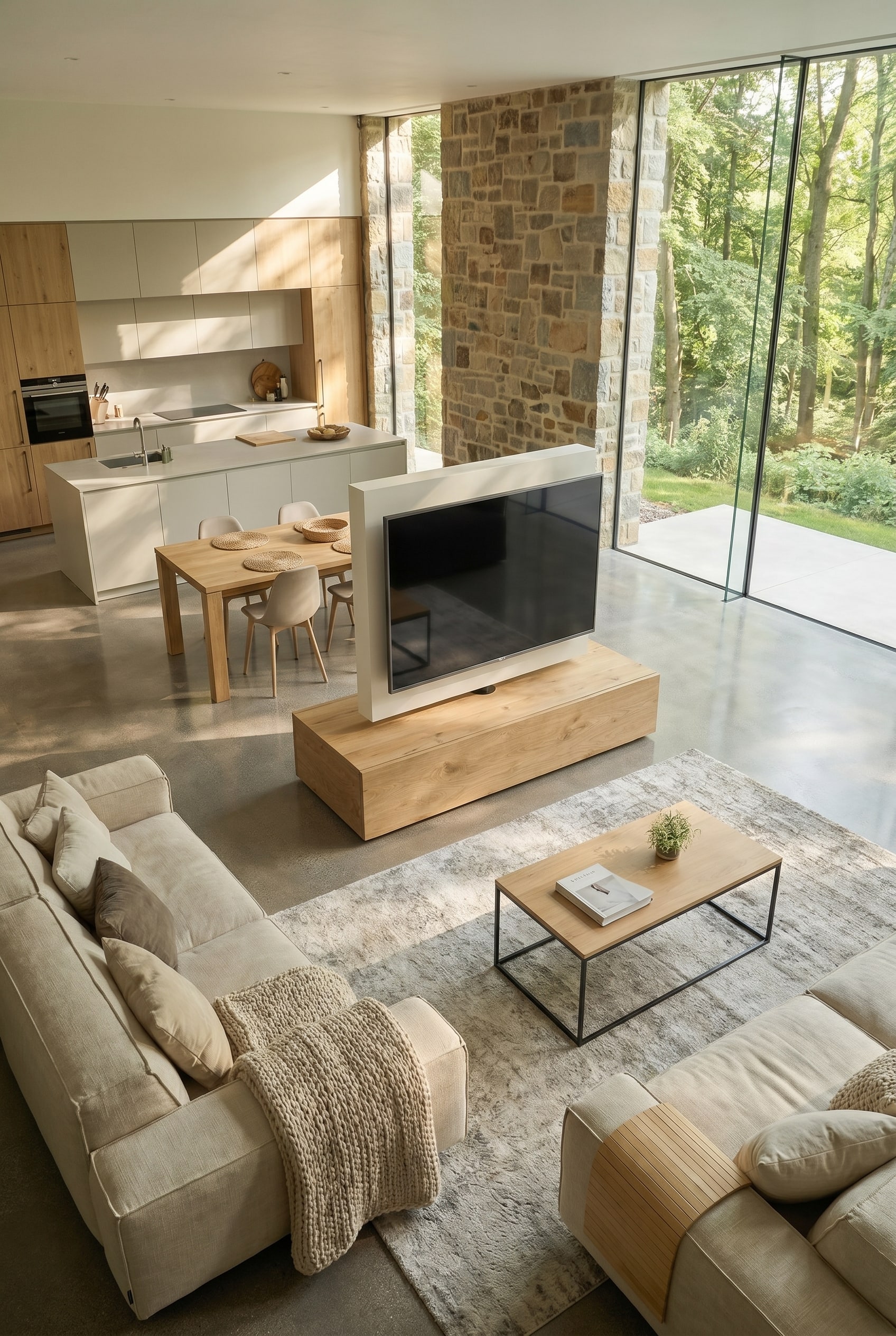 Lichtdurchflutete offene Wohnk&uuml;che mit einem halbhohen Raumteiler, der den Blick auf die Fenster freigibt