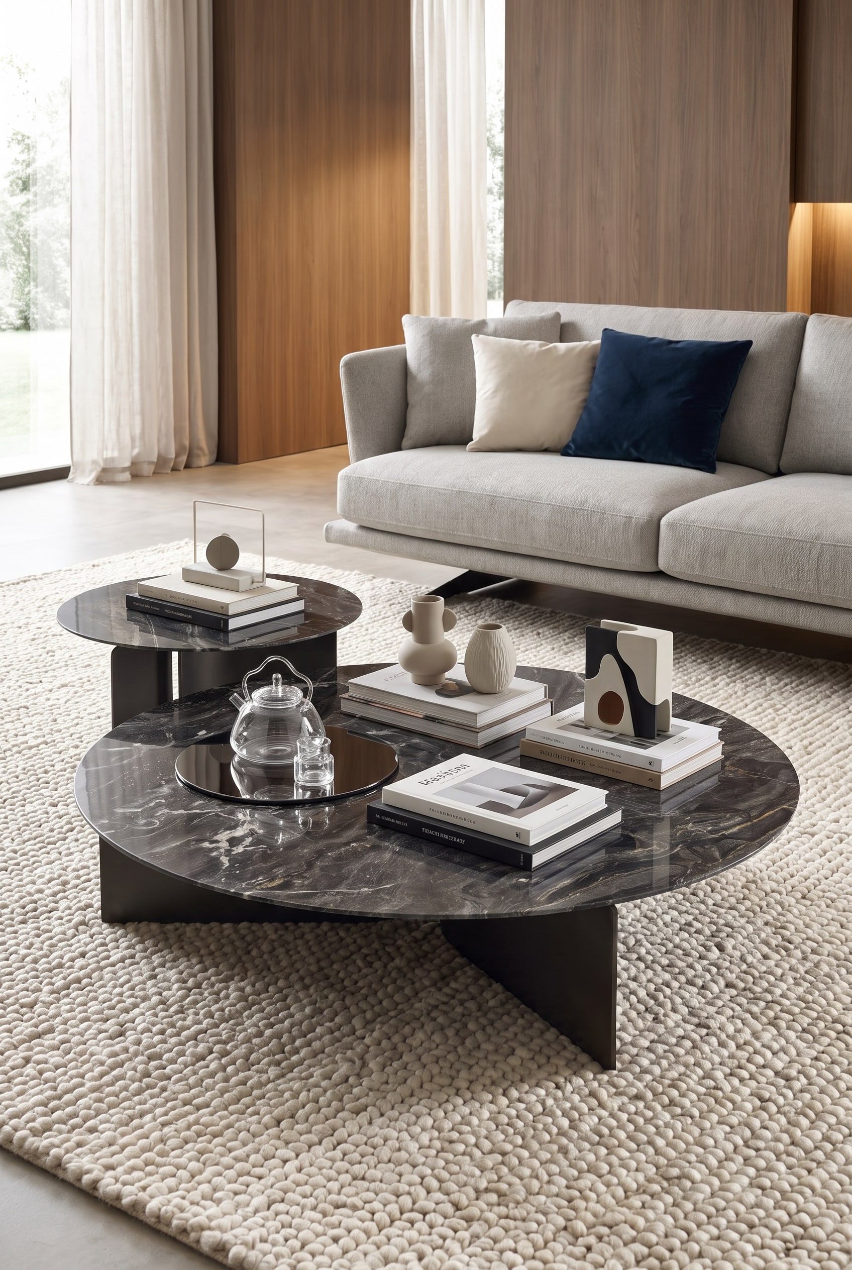 Modernes Wohnzimmer mit dem organisch geformten Marelli Couchtisch Wave als Kontrast zu geradlinigen Sofas
