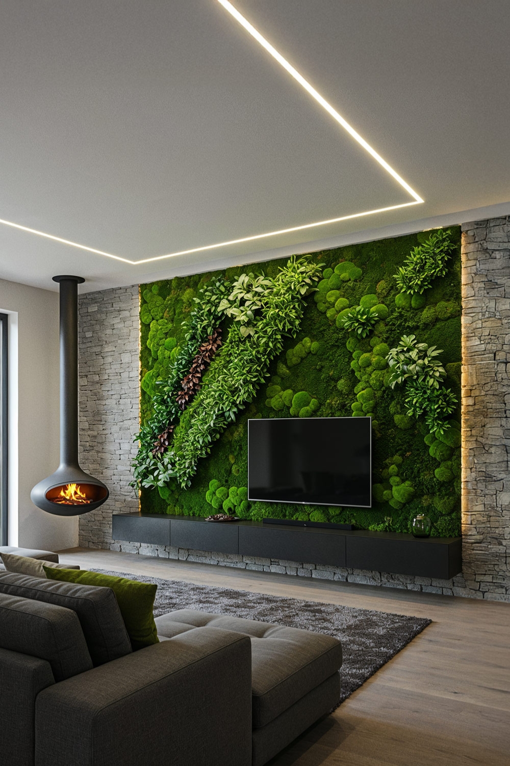 trendiges-kamin-wohnzimmer-in-grautoenen-mit-gruener-pflanzendeko-an-der-wohnwand