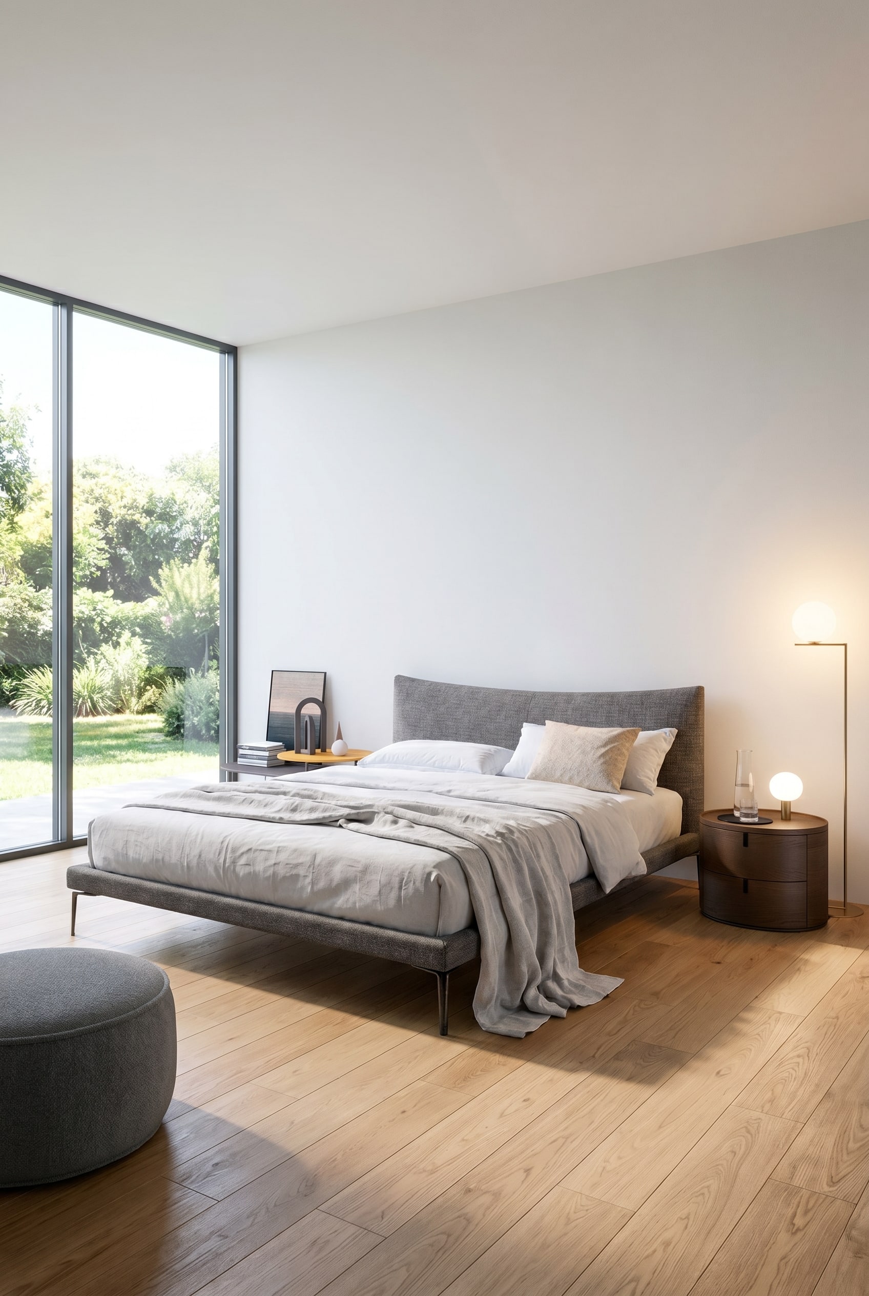 Schlafzimmer mit einem auf filigranen F&uuml;ssen stehenden Bett in Grau, gro&szlig;en Fenstern und einer Stehleuchte mit warmem Licht