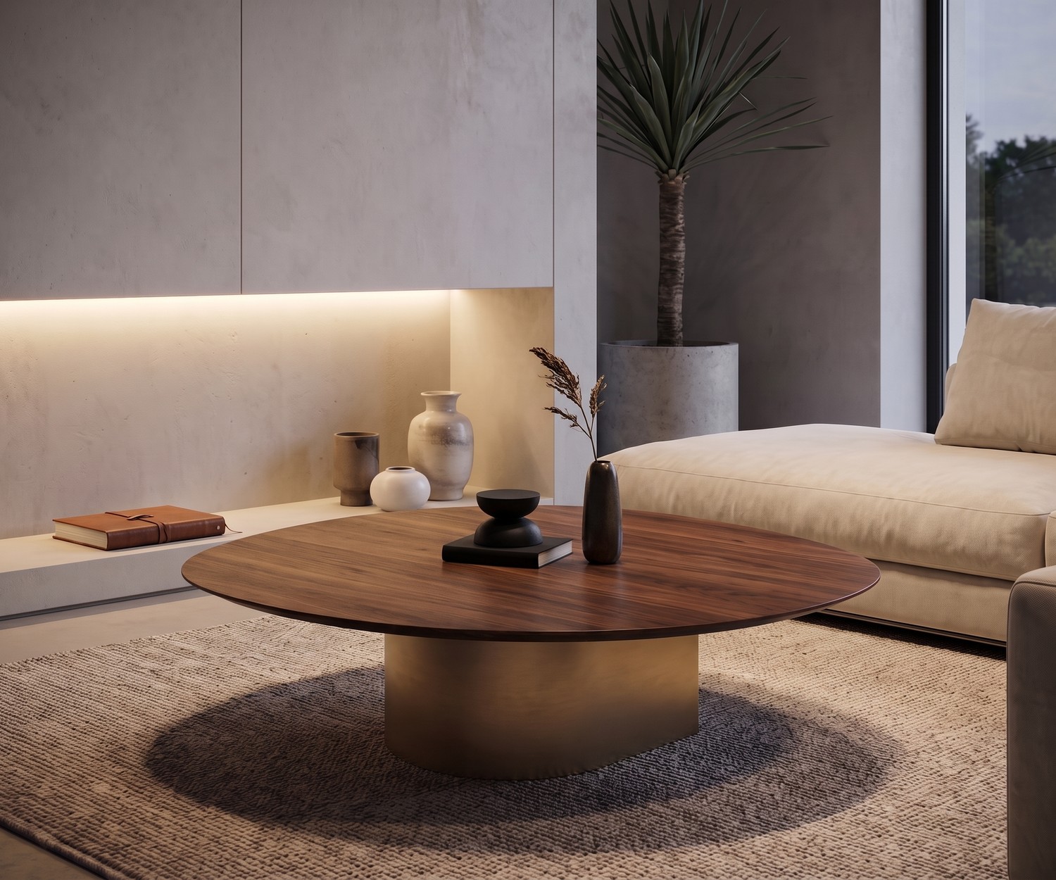 al2 dakry 006 Couchtisch aus Holz mit edlem Metallsockel im modern eingerichteten Wohnzimmer.