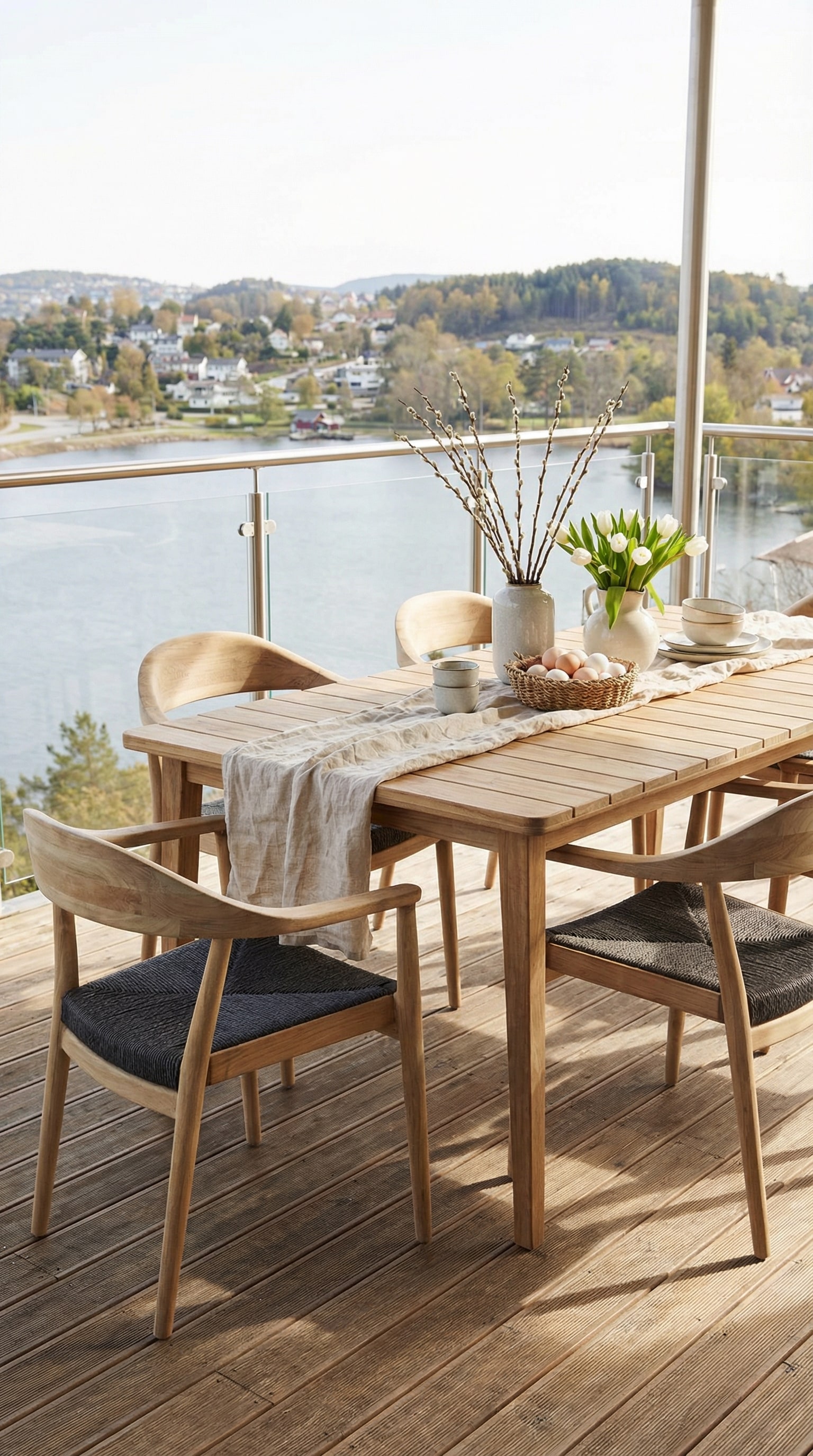 Skandinavischer Gartentisch aus massivem Holz auf einer Terrasse