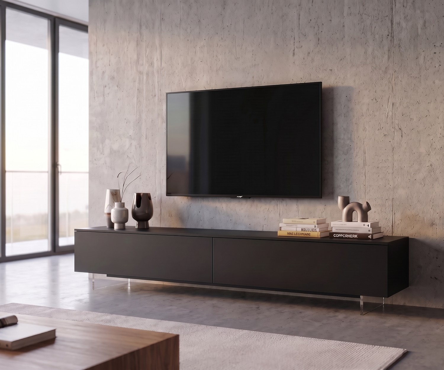 Livitalia TV-Sockel transparent für schwebendes Lowboard im modernen Wohnzimmer mit Betonwand und schwarzem TV-Schrank.