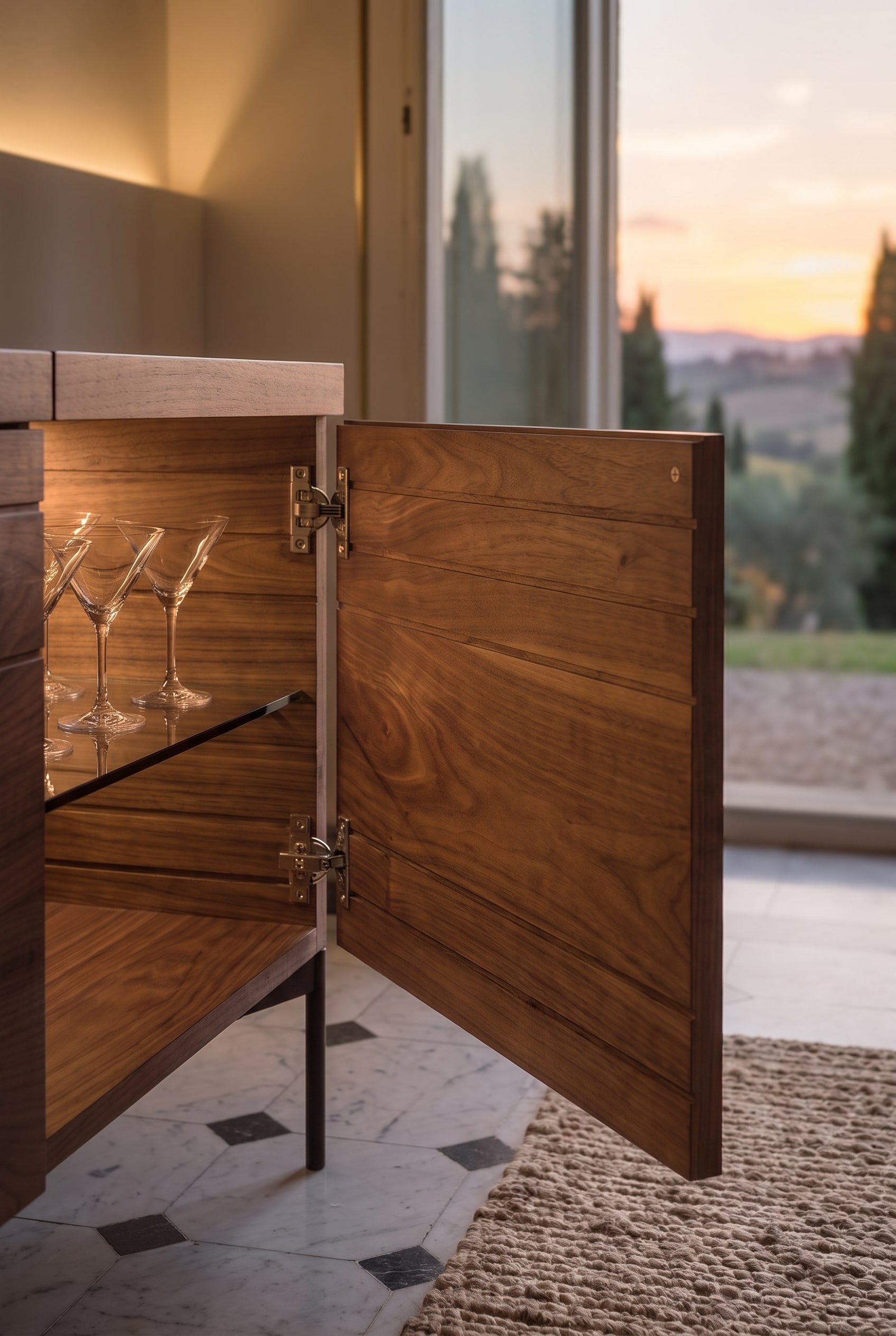 Ge&ouml;ffnete T&uuml;r eines Holz-Sideboards, im Inneren sind beleuchtete Glasb&ouml;den mit Martinigl&auml;sern zu sehen.