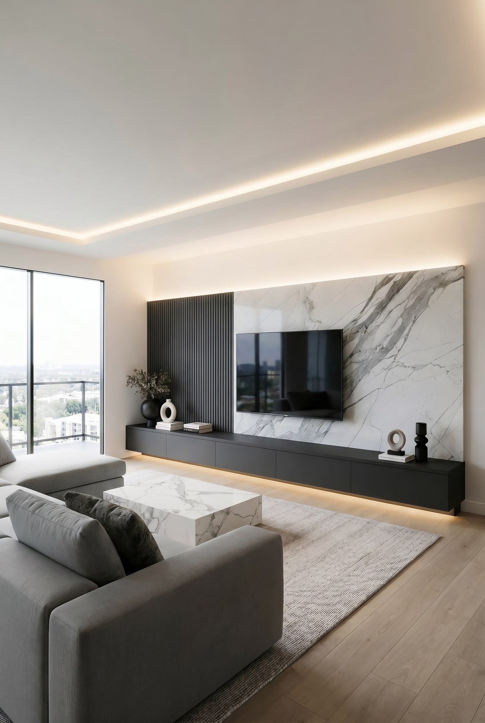 Modernes Wohnzimmer mit ma&szlig;gefertigter TV-Wand, schwarzen Akustikpaneelen, wei&szlig;er Marmor-R&uuml;ckwand und dunkelgrauen geschlossenen Unterschr&auml;nken