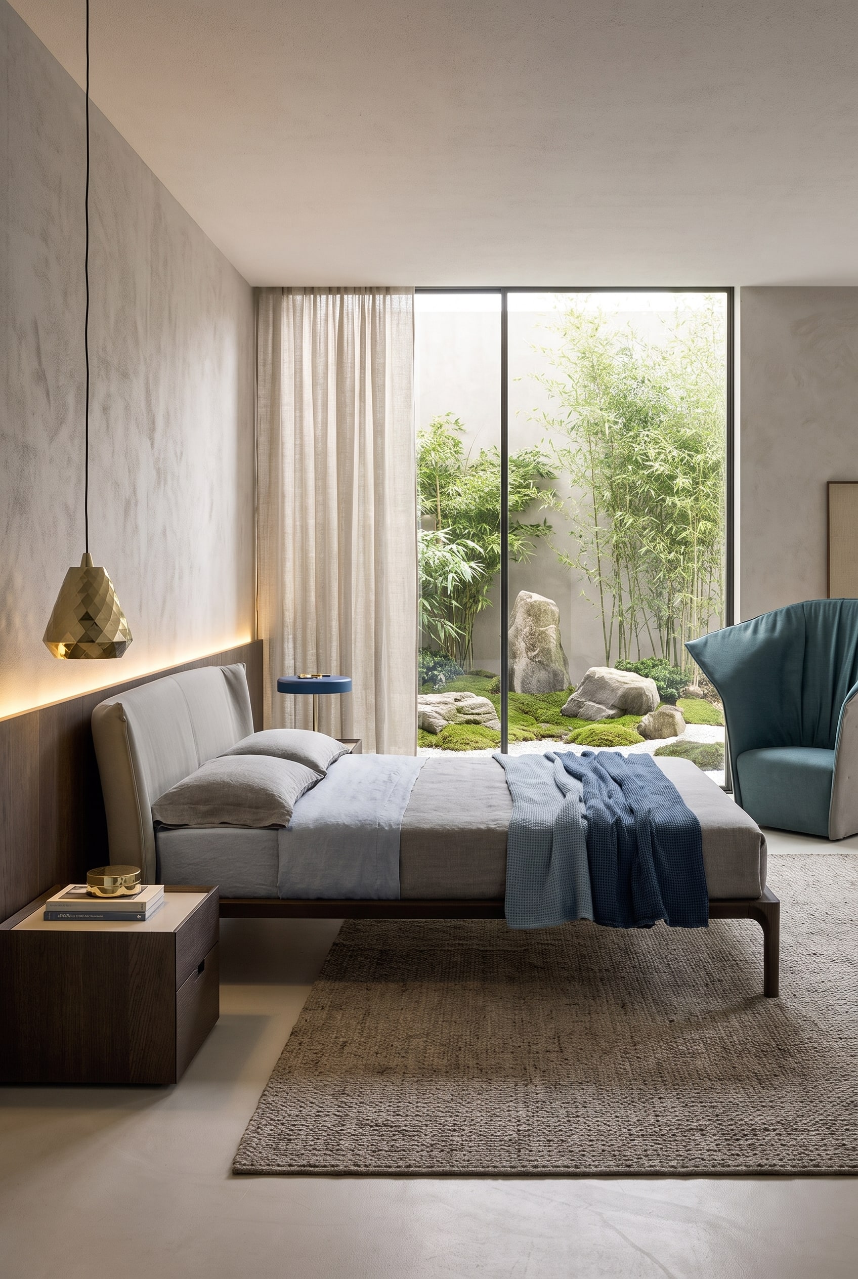 Elegantes Schlafzimmer mit einem gro&szlig;z&uuml;gigen Polsterbett aus Stoff, passendem Nachttisch aus Holz und beruhigender Ton-in-Ton-Gestaltung