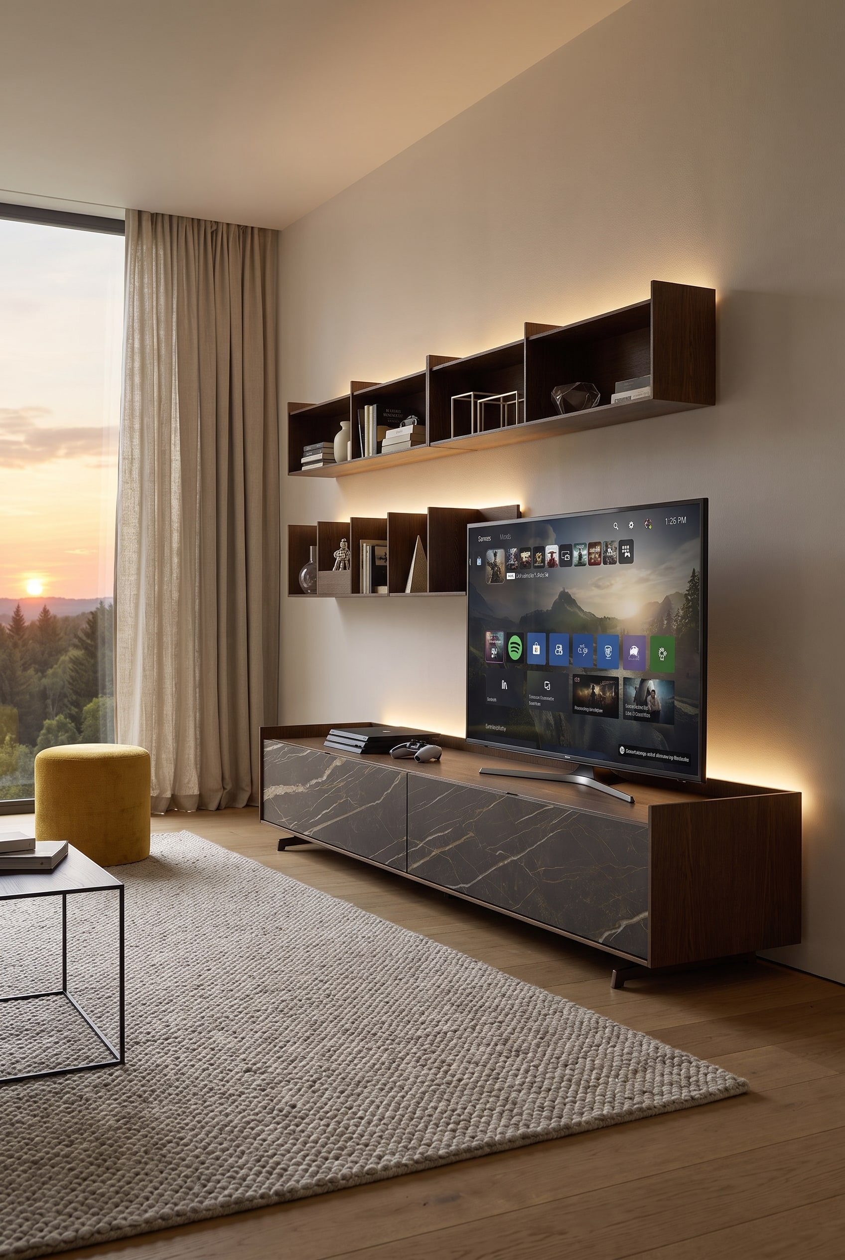 Ein asymmetrisch aufgeteiltes Wandregal neben einer TV-Wand, bestückt mit Bildbänden und matten Keramikvasen zur Verbesserung der Raumakustik.