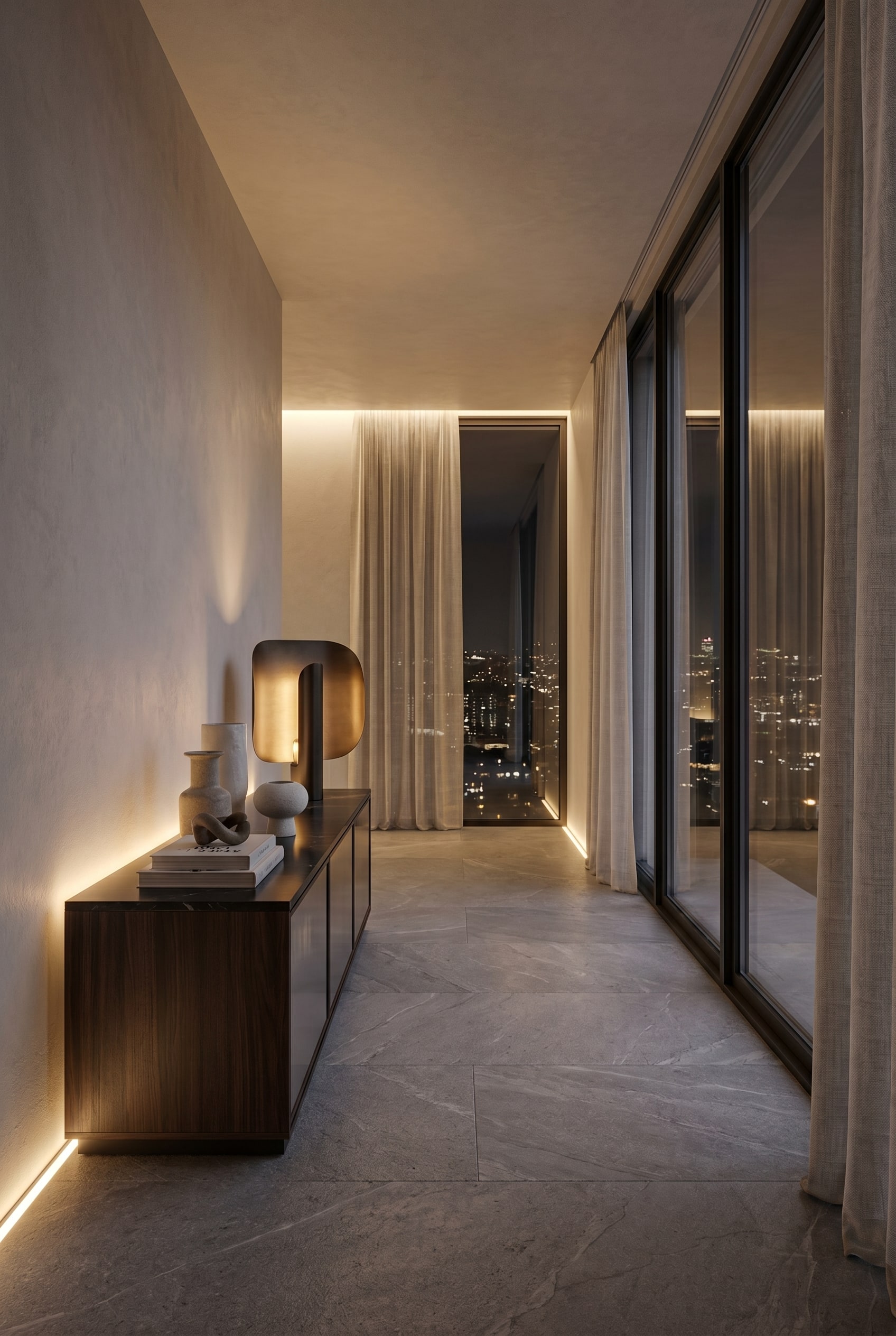 Luxuriöses Wohnzimmer mit dunklem Holz-Sideboard und skulpturaler Tischleuchte aus gebürstetem Messing