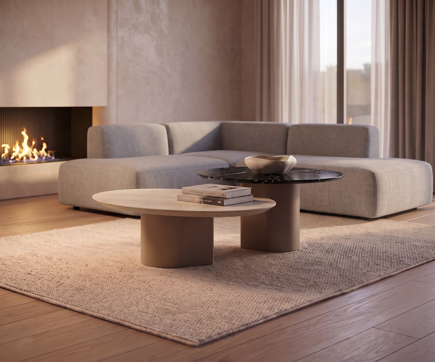 al2 dakry 006 Couchtisch im organischen Design al2 dakry 006 Couchtisch im Wohnzimmer. Organisches Couchtisch-Set aus Holz und schwarzem Marmor vor grauem Ecksofa.