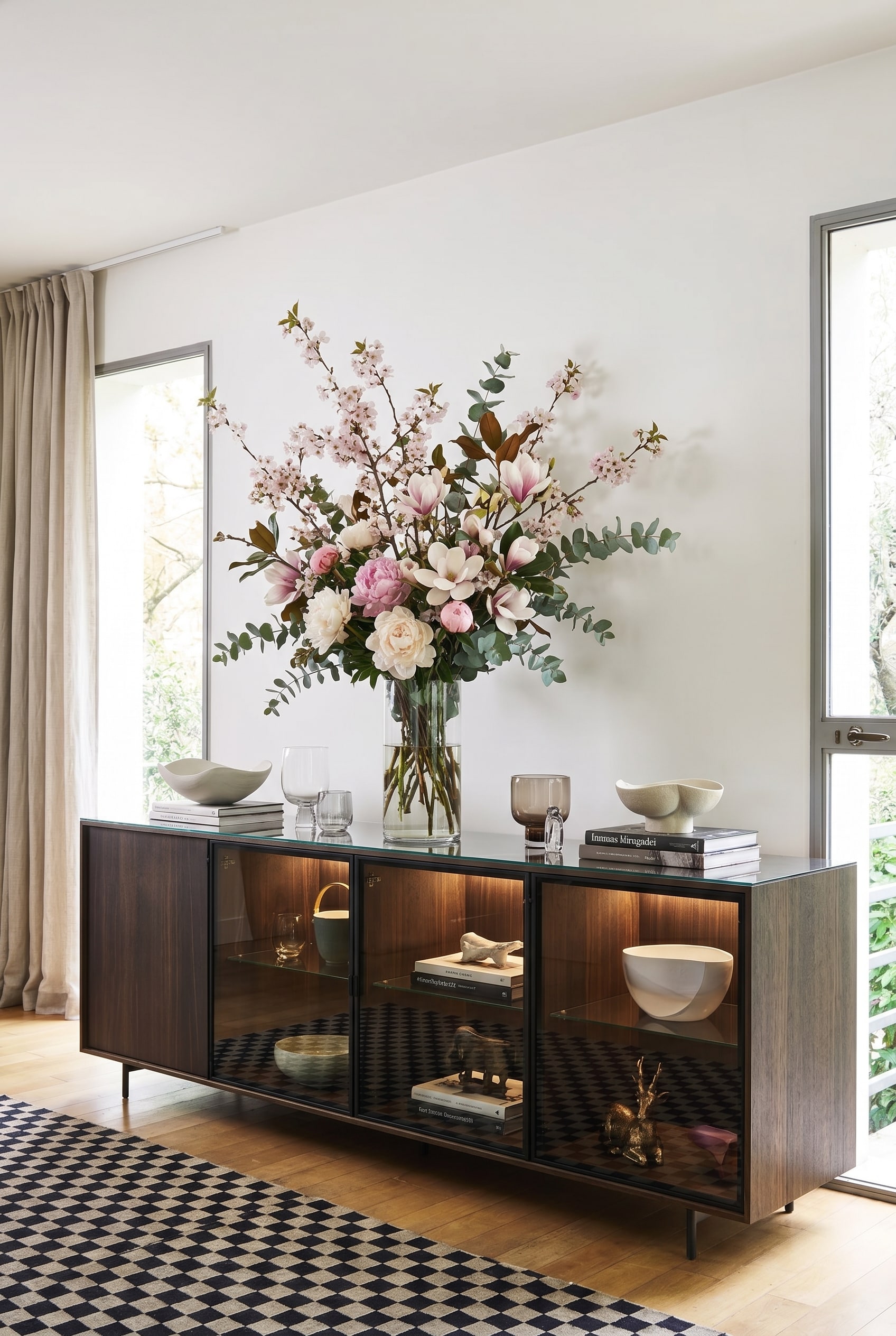 Rauchglas-Sideboard in einem lichtdurchfluteten Raum, darauf eine volumin&ouml;se Fr&uuml;hlingsvase