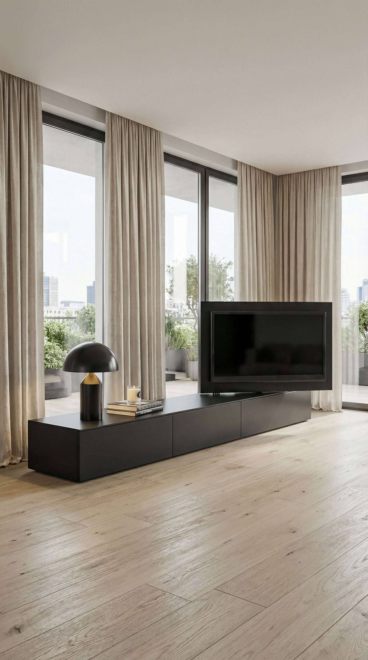 Schwarzes Livitalia Vision Lowboard mit schwenkbarem TV Paneel in einem modernen Loft