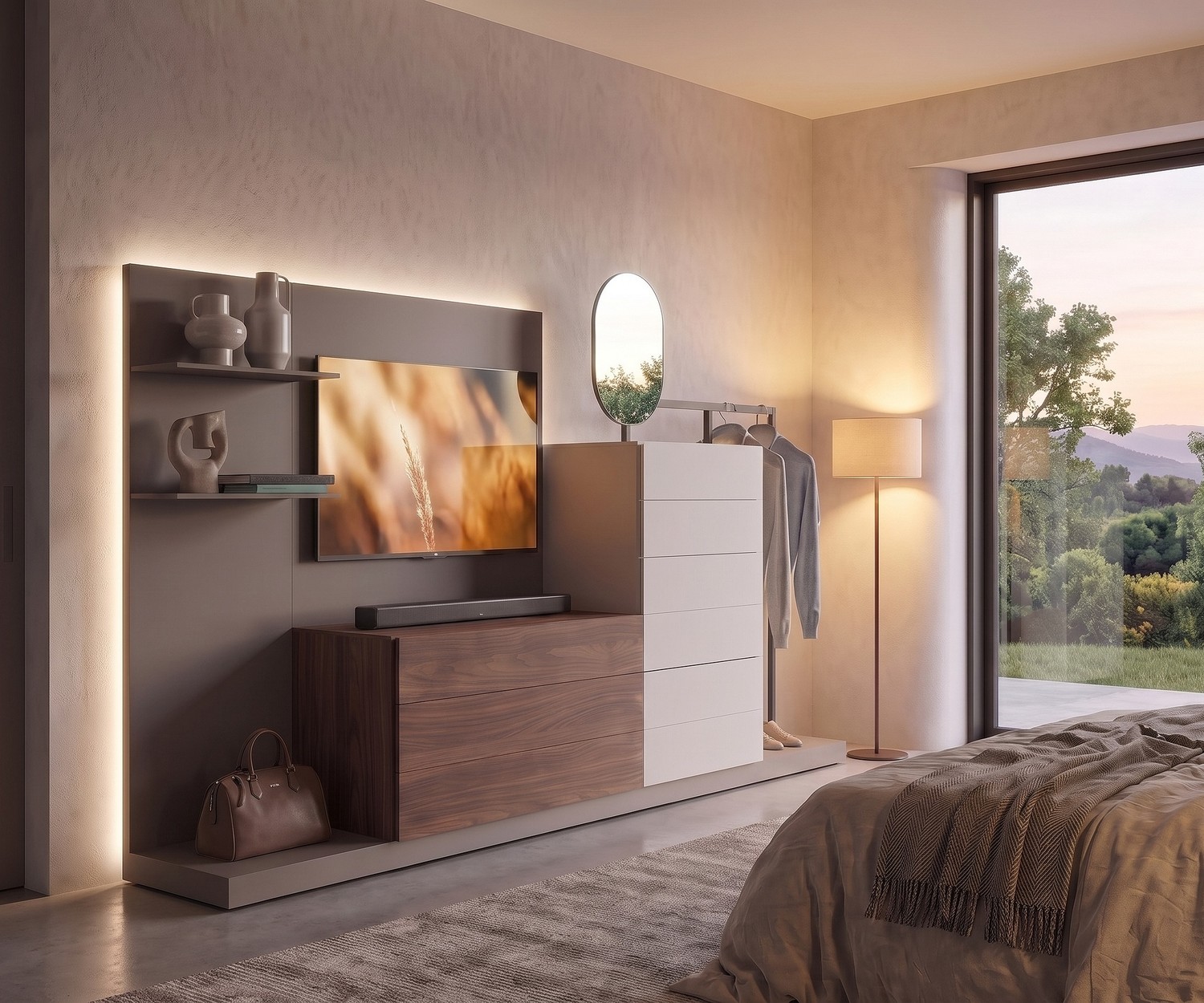 Livitalia EASY TV Podest und Sockelbank Livitalia EASY TV Podest und Sockelbank als moderne Basis für Kommode und TV-Wand mit LED-Beleuchtung im Schlafzimmer.