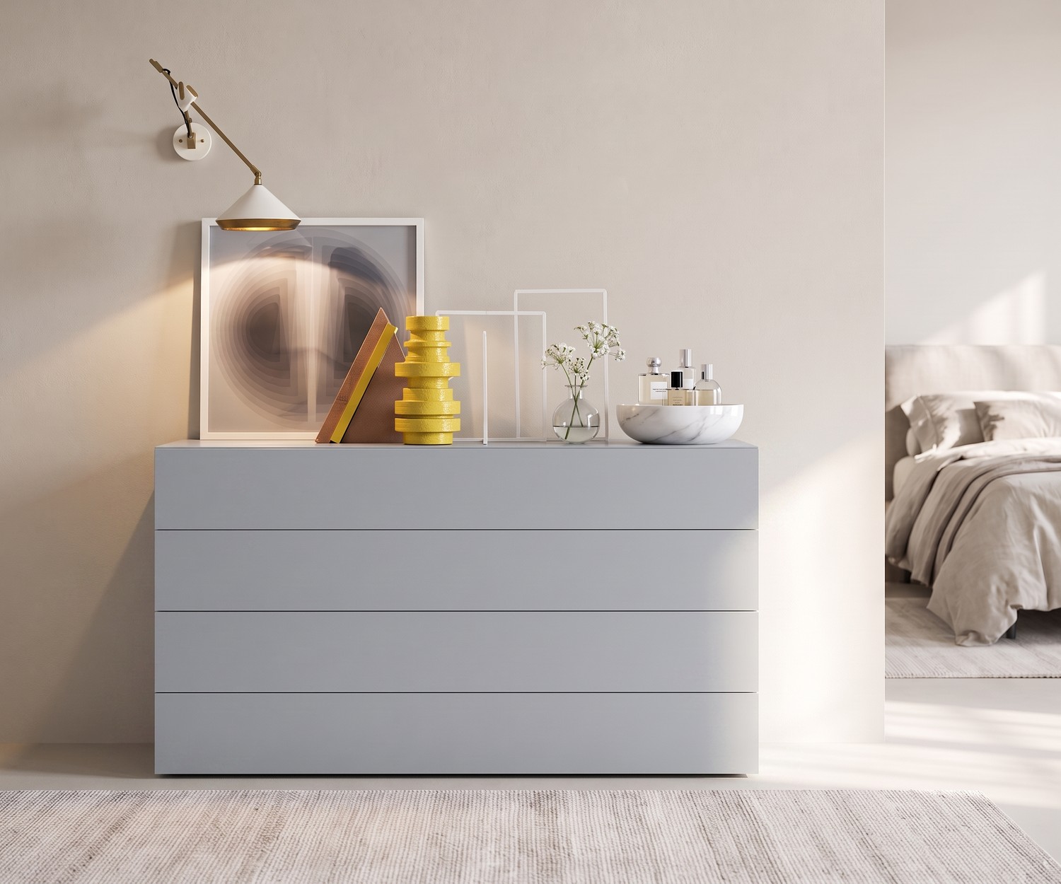 Novamobili Kommode Easy 4 für Stauraum im Schlafzimmer, griffloses Design in Hellgrau für minimalistischen Wohnstil.