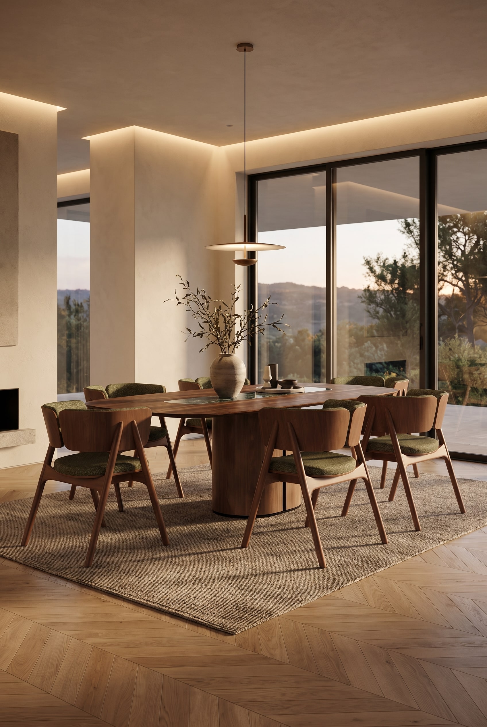 Modernes Esszimmer mit großem Esstisch in dunklem Holz auf hellem Parkettboden