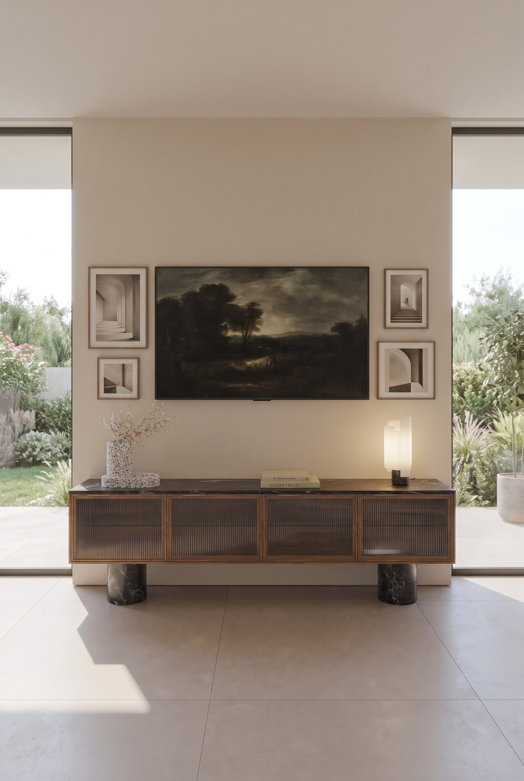 Ein mattes Punt Rio Sideboard in Anthrazit vor einer Wand, über dem ein Fernseher als klassisch gerahmtes Kunstwerk hängt.