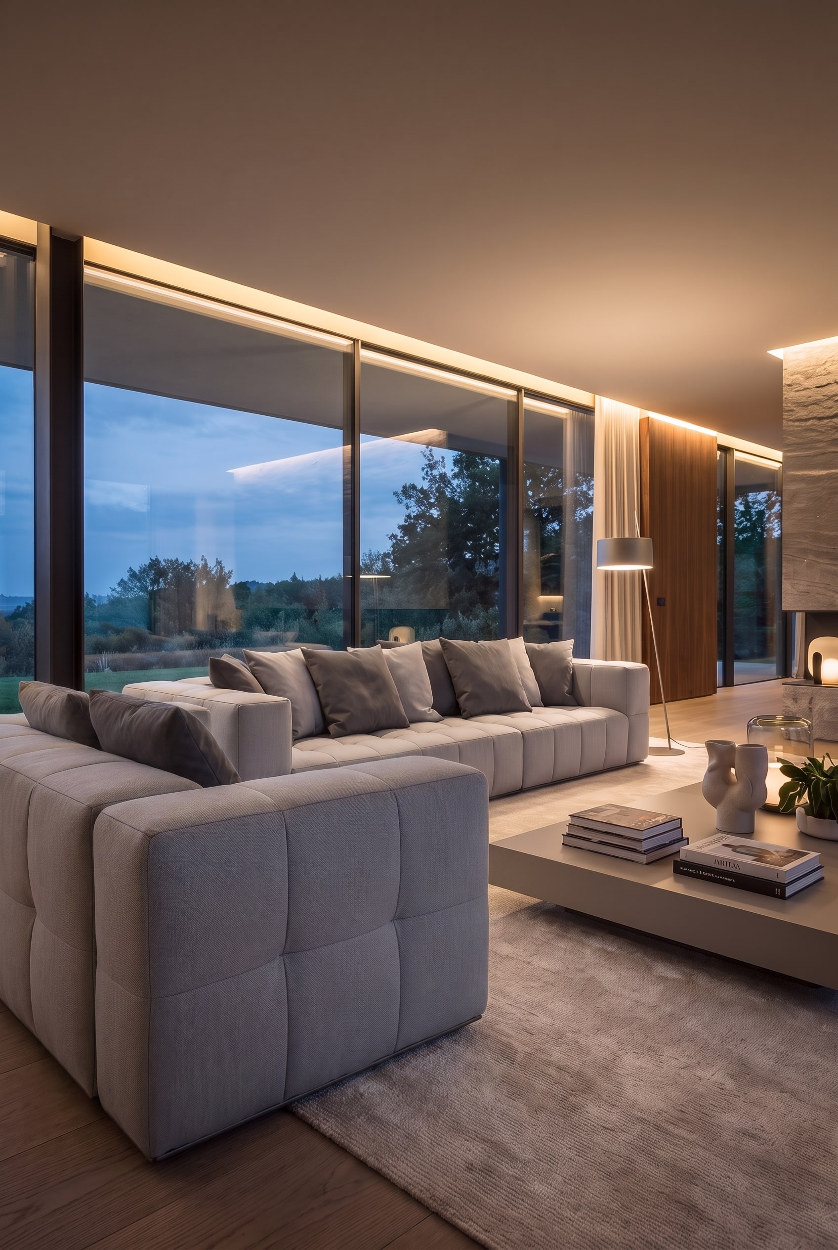 Graues Lounge-Sofa in Seitenansicht auf einem gro&szlig;formatigen hellen Teppich, der die klaren architektonischen Linien des M&ouml;bels betont.