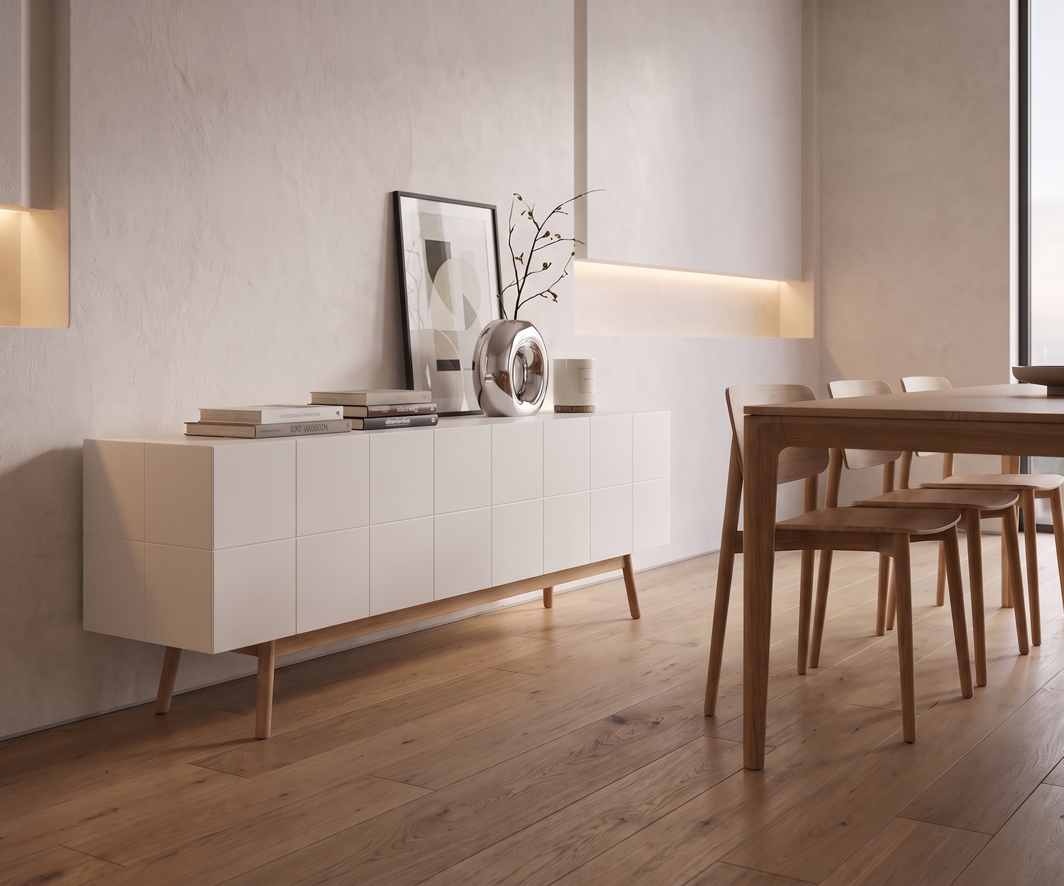 al2 Sideboard MOS-I-KO 003 B für das Esszimmer, weiß matt lackiert mit Holzbeinen im modernen, minimalistischen Stil.