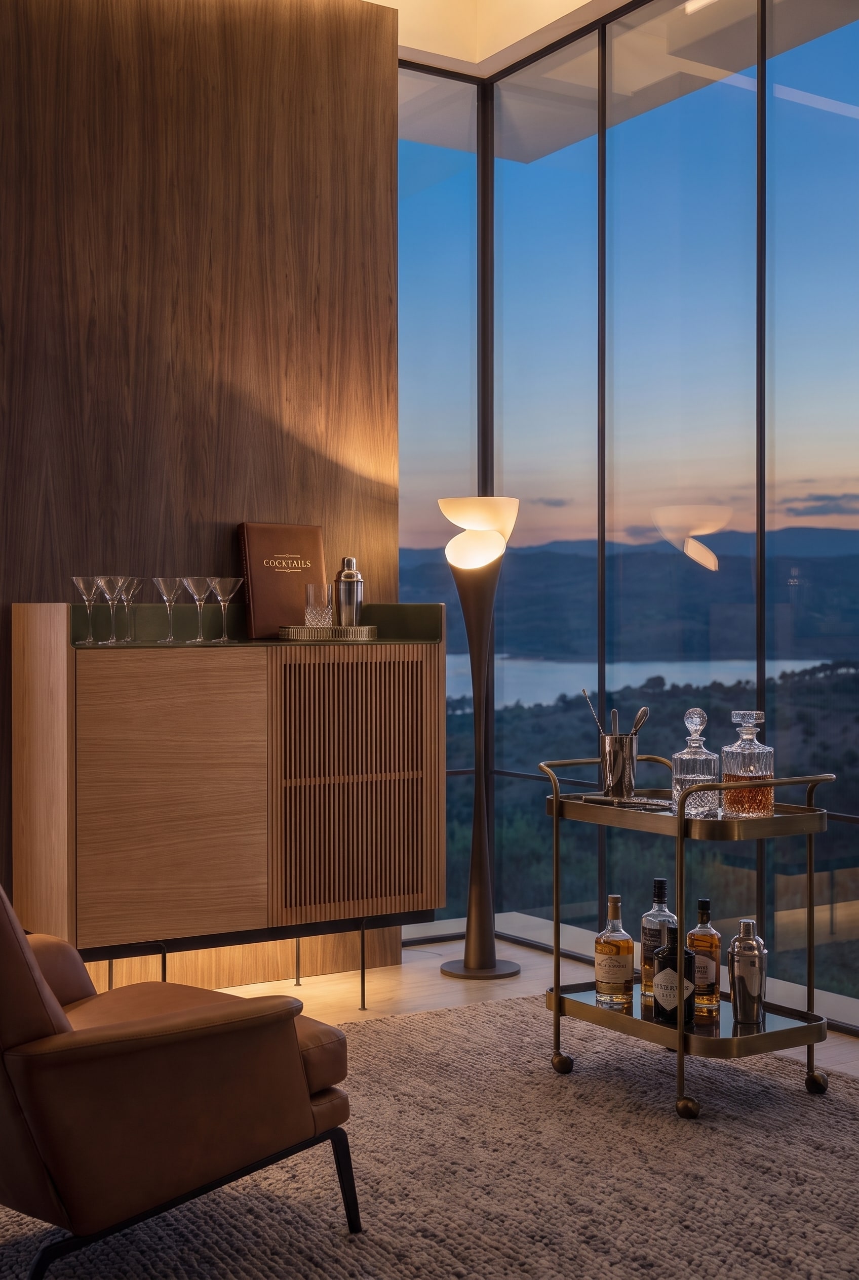 Seitliche Ansicht der Bar-Ecke mit einem Highboard, einer eleganten Stehlampe und einem best&uuml;ckten Barwagen im Abendlicht.