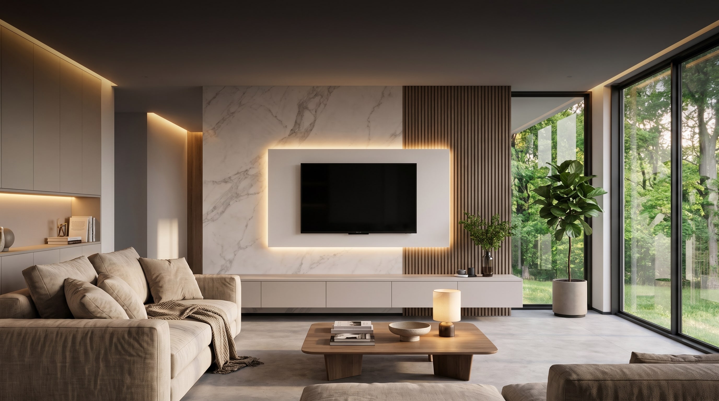 12 Ideen für Akustikpaneele im Wohnzimmer: die TV-Wand mit Holzlamellen